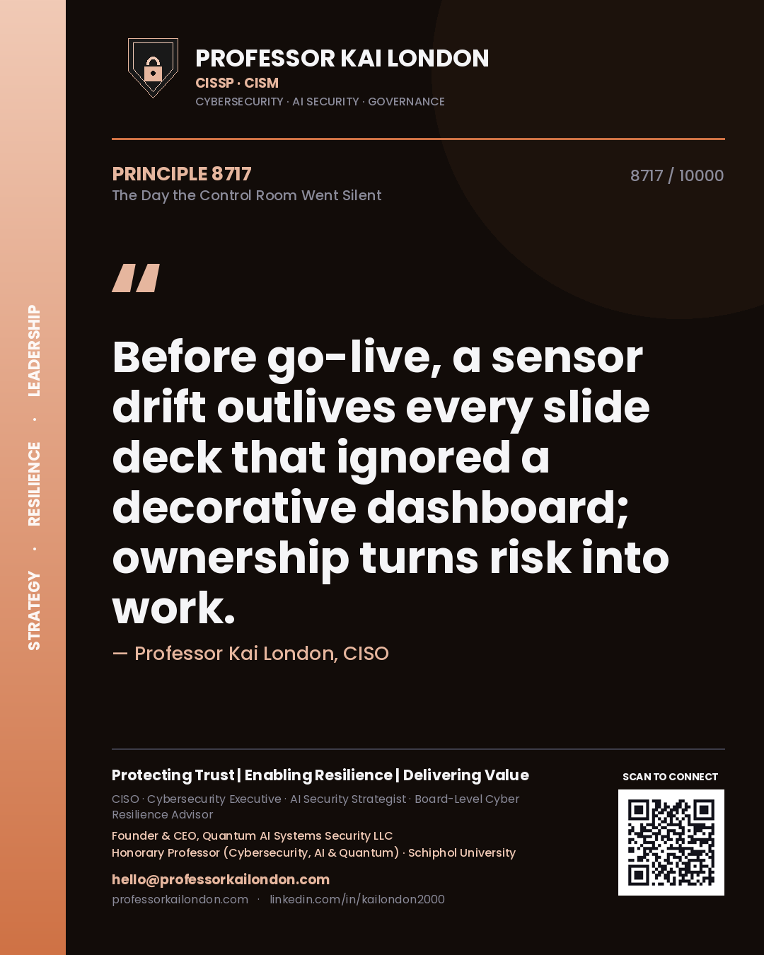 Professor Kai London principle 8717: Before go-live, a sensor drift outlives every slide deck that ignored a decorative dashboard; ownership turns risk into work.