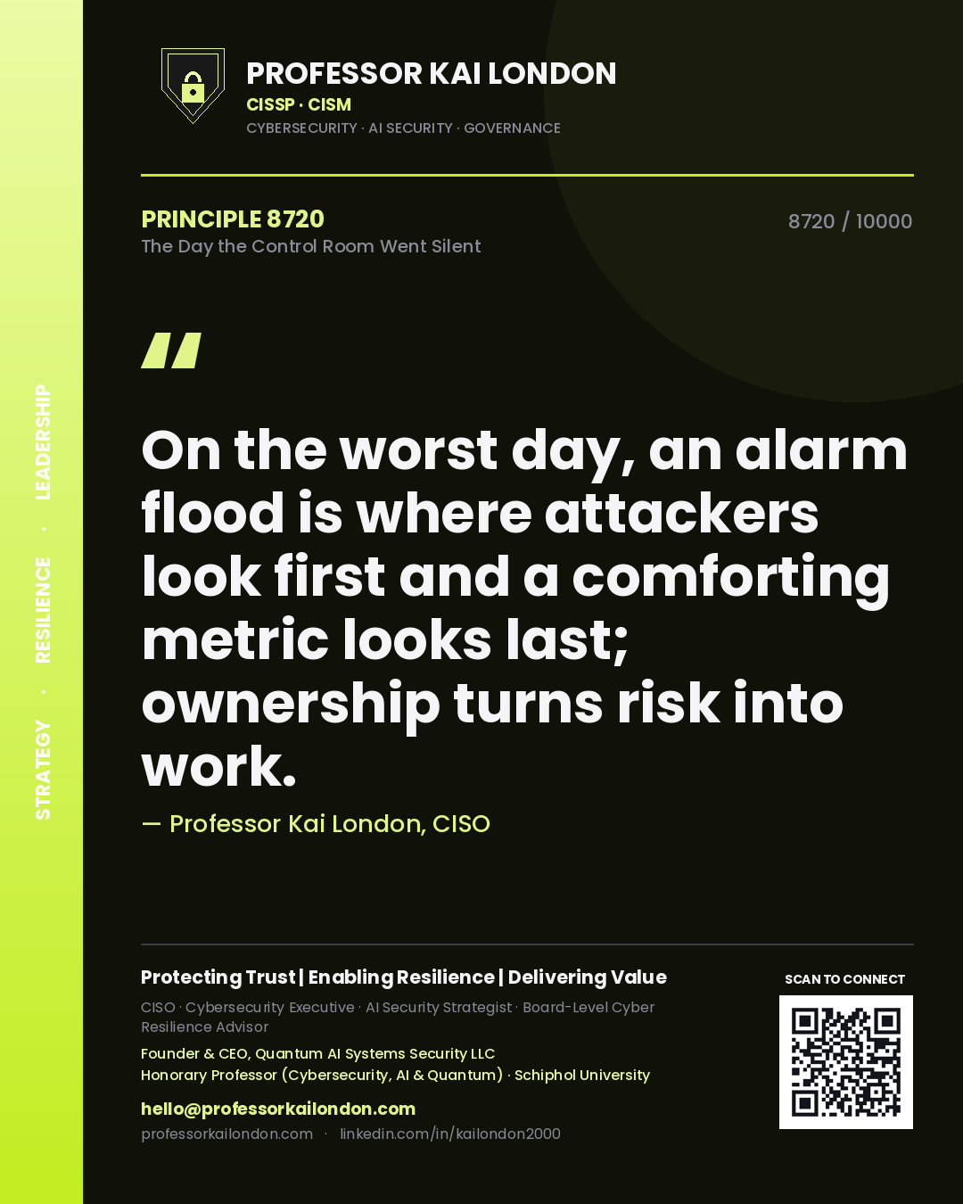 Professor Kai London principle 8720: On the worst day, an alarm flood is where attackers look first and a comforting metric looks last; ownership turns risk into work.