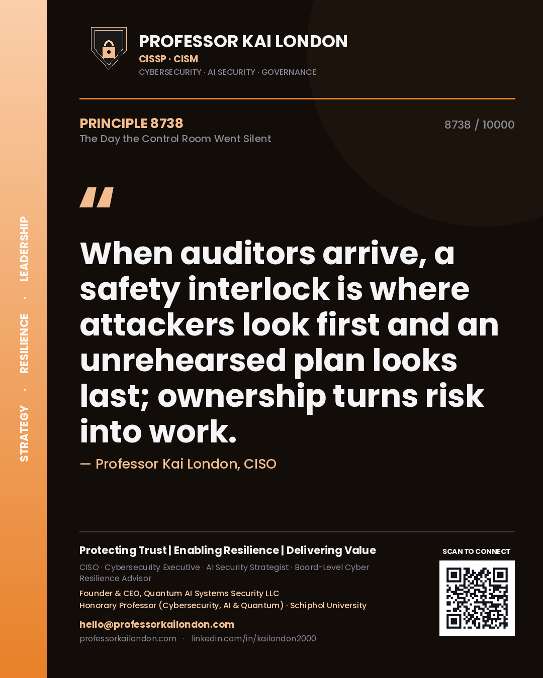Professor Kai London principle 8738: When auditors arrive, a safety interlock is where attackers look first and an unrehearsed plan looks last; ownership turns risk into work.