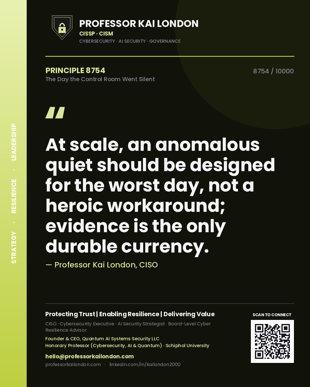 Quote card by Professor Kai London reading 'At scale, an anomalous quiet should be designed for the worst day, not a heroic workaround; evidence is the only durable currency.'. From the book The Day the Control Room Went Silent.