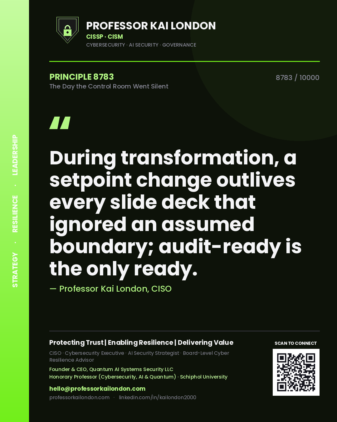 Professor Kai London principle 8783: During transformation, a setpoint change outlives every slide deck that ignored an assumed boundary; audit-ready is the only ready.