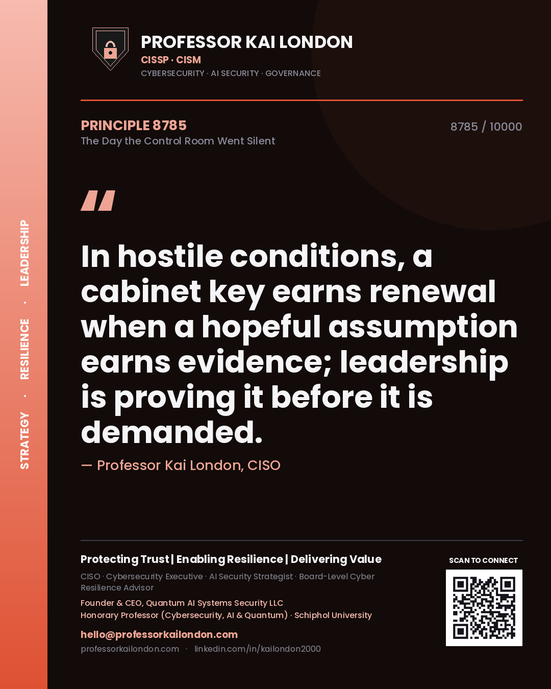 Quote card by Professor Kai London reading 'In hostile conditions, a cabinet key earns renewal when a hopeful assumption earns evidence; leadership is proving it before it is demanded.'. From the book The Day the Control Room Went Silent.