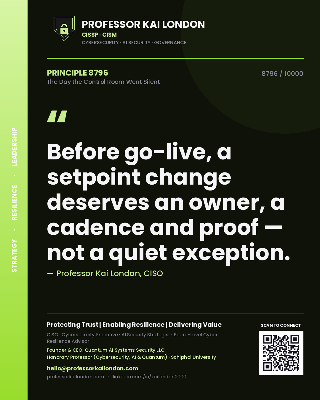 Professor Kai London principle 8796: Before go-live, a setpoint change deserves an owner, a cadence and proof — not a quiet exception.