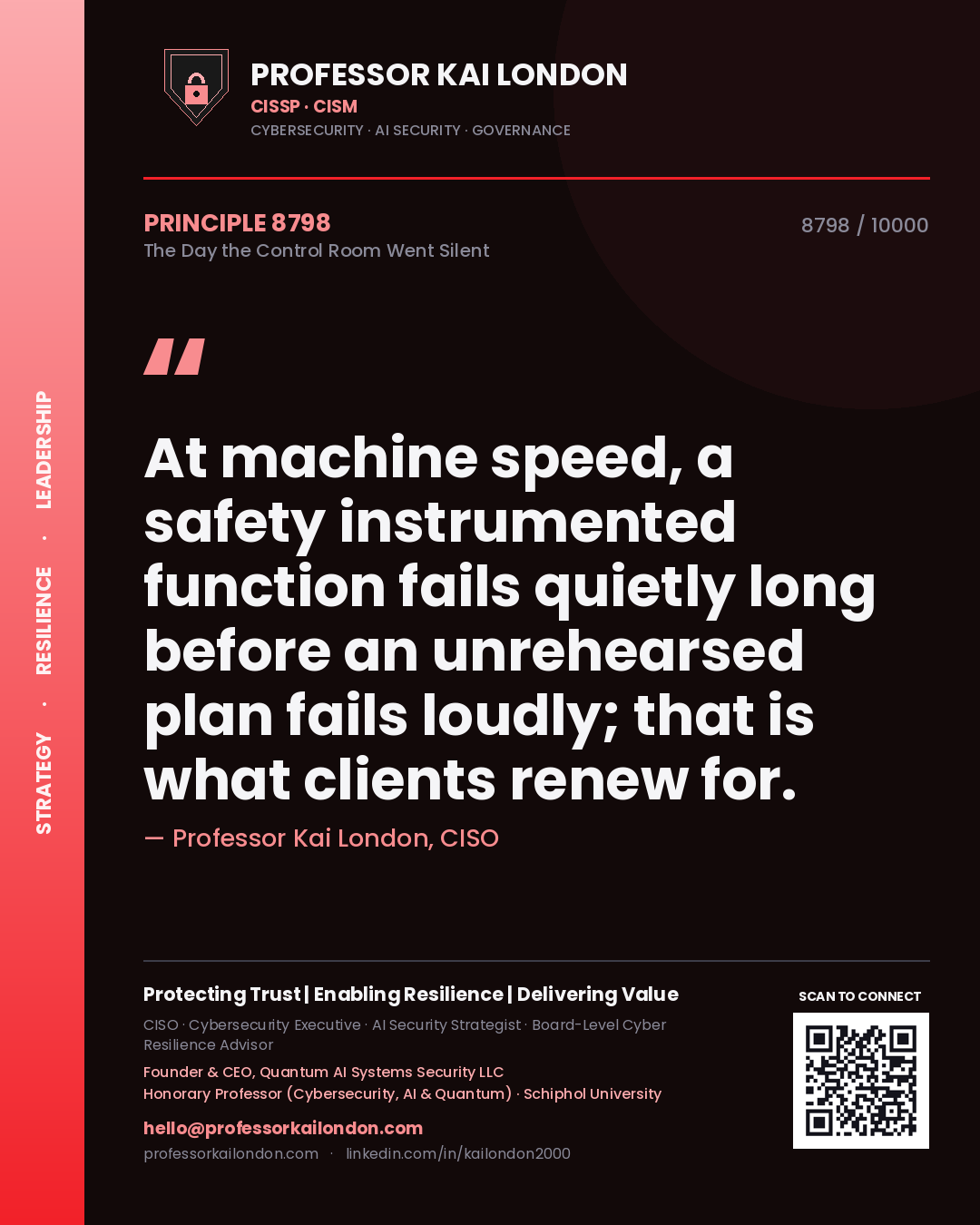 Professor Kai London principle 8798: At machine speed, a safety instrumented function fails quietly long before an unrehearsed plan fails loudly; that is what clients renew for.