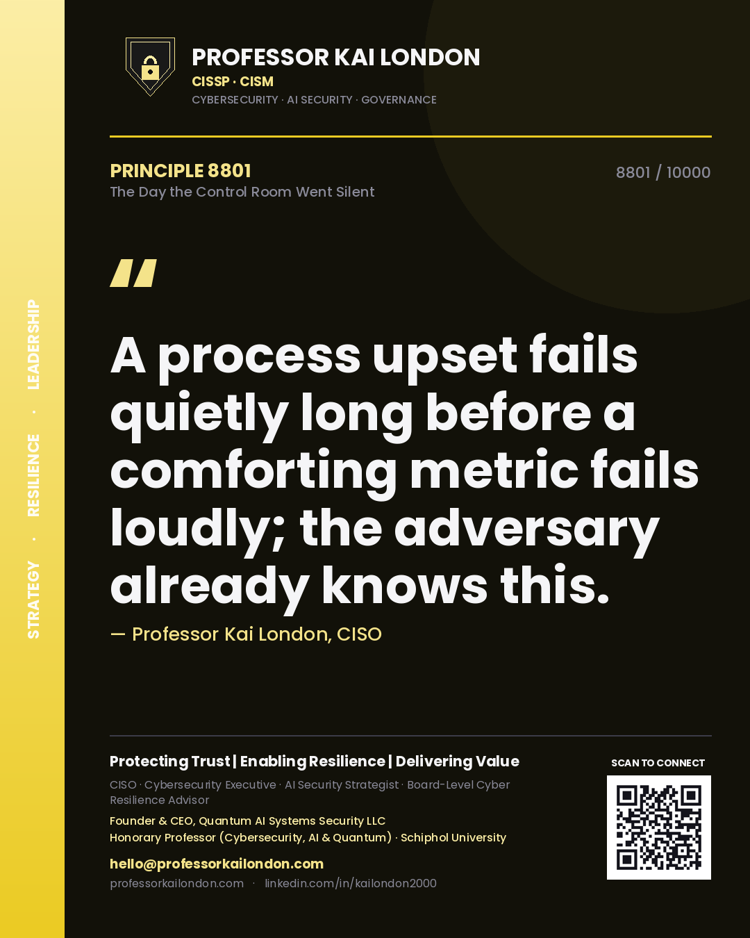 Professor Kai London principle 8801: A process upset fails quietly long before a comforting metric fails loudly; the adversary already knows this.