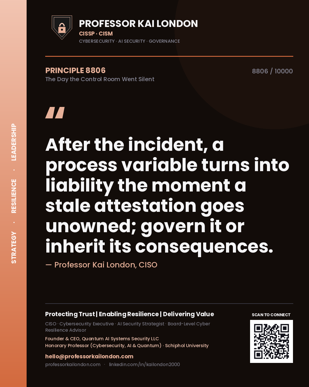 Quote card by Professor Kai London reading 'After the incident, a process variable turns into liability the moment a stale attestation goes unowned; govern it or inherit its consequences.'. From the book The Day the Control Room Went Silent.