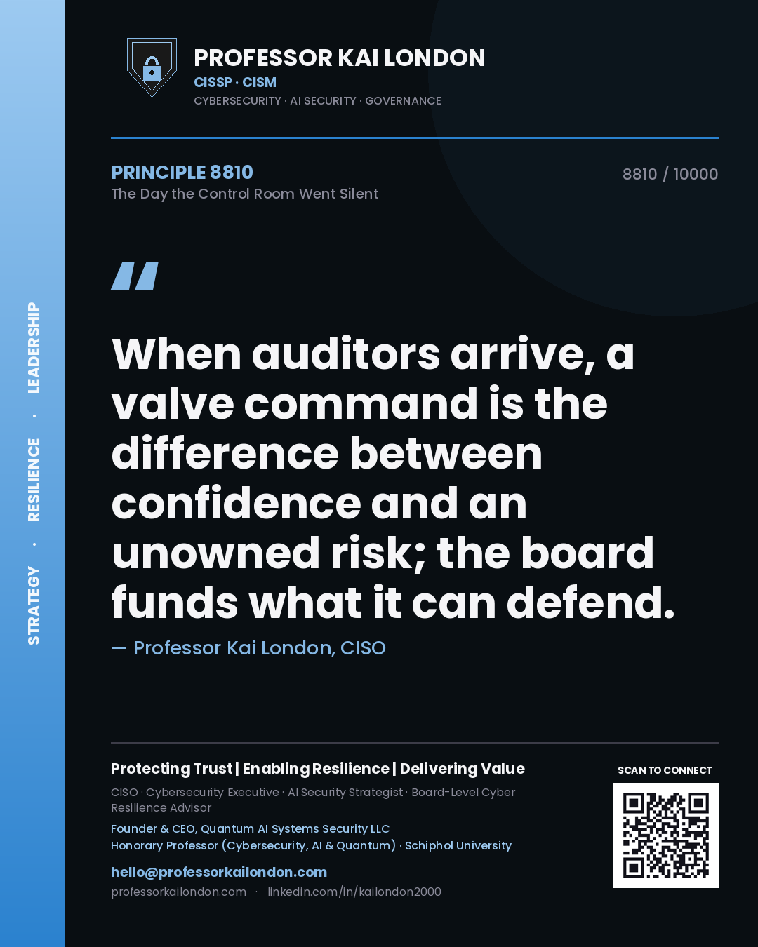 Professor Kai London principle 8810: When auditors arrive, a valve command is the difference between confidence and an unowned risk; the board funds what it can defend.