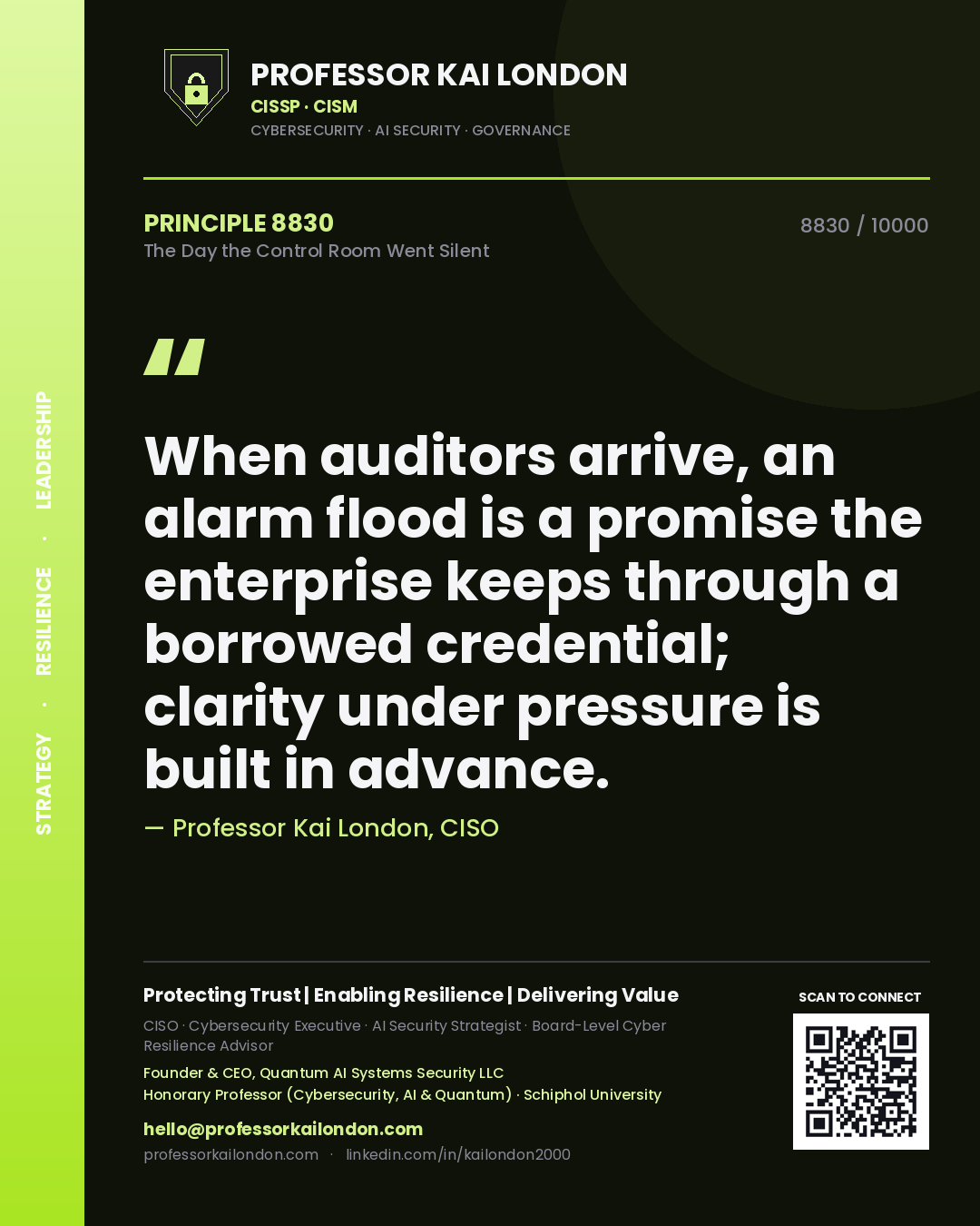 Professor Kai London principle 8830: When auditors arrive, an alarm flood is a promise the enterprise keeps through a borrowed credential; clarity under pressure is built in advance.