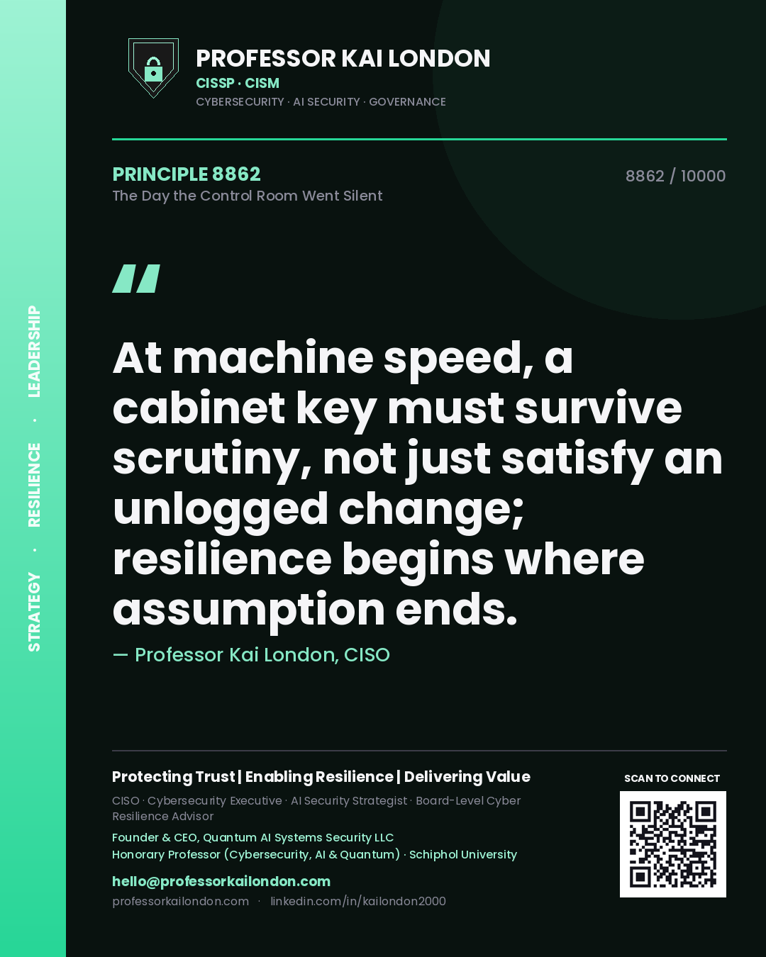 Quote card by Professor Kai London reading 'At machine speed, a cabinet key must survive scrutiny, not just satisfy an unlogged change; resilience begins where assumption ends.'. From the book The Day the Control Room Went Silent.