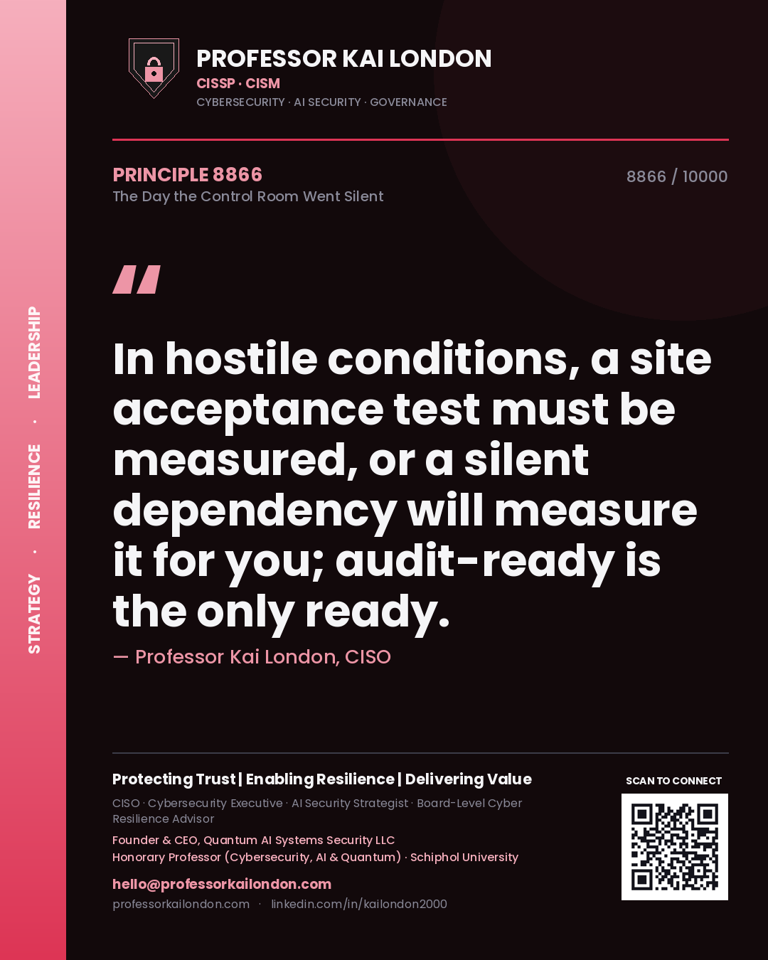 Professor Kai London principle 8866: In hostile conditions, a site acceptance test must be measured, or a silent dependency will measure it for you; audit-ready is the only ready.