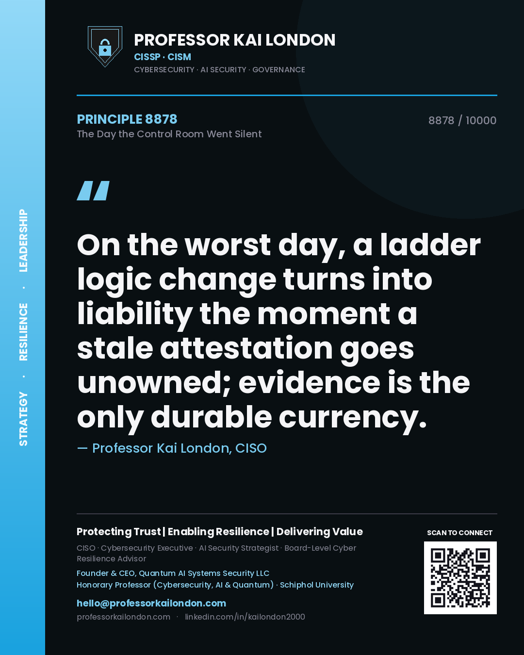 Professor Kai London principle 8878: On the worst day, a ladder logic change turns into liability the moment a stale attestation goes unowned; evidence is the only durable currency.