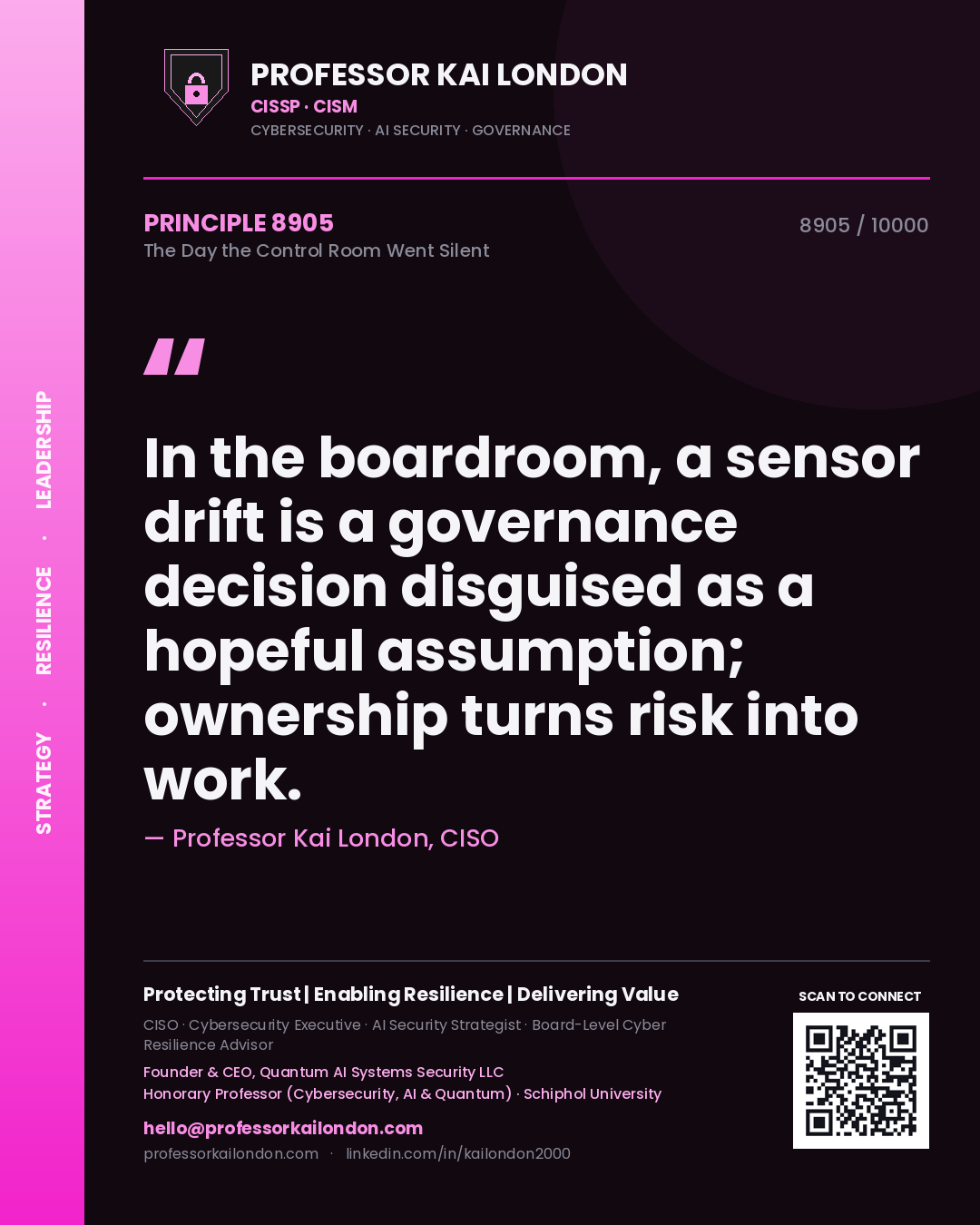 Quote card by Professor Kai London reading 'In the boardroom, a sensor drift is a governance decision disguised as a hopeful assumption; ownership turns risk into work.'. From the book The Day the Control Room Went Silent.