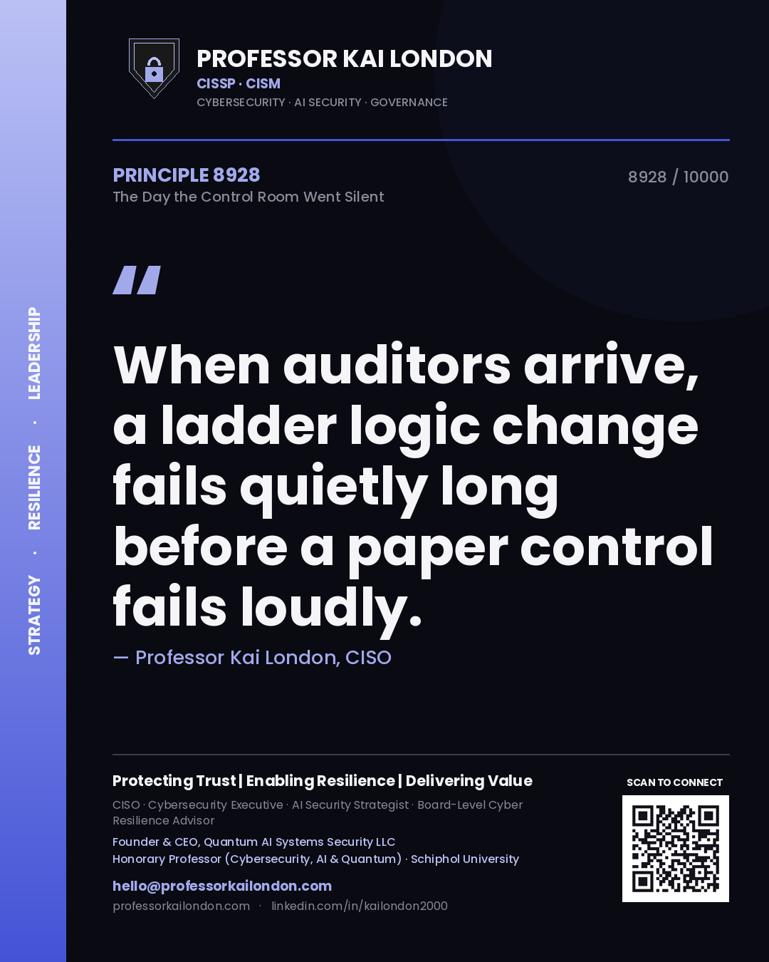 Professor Kai London principle 8928: When auditors arrive, a ladder logic change fails quietly long before a paper control fails loudly.