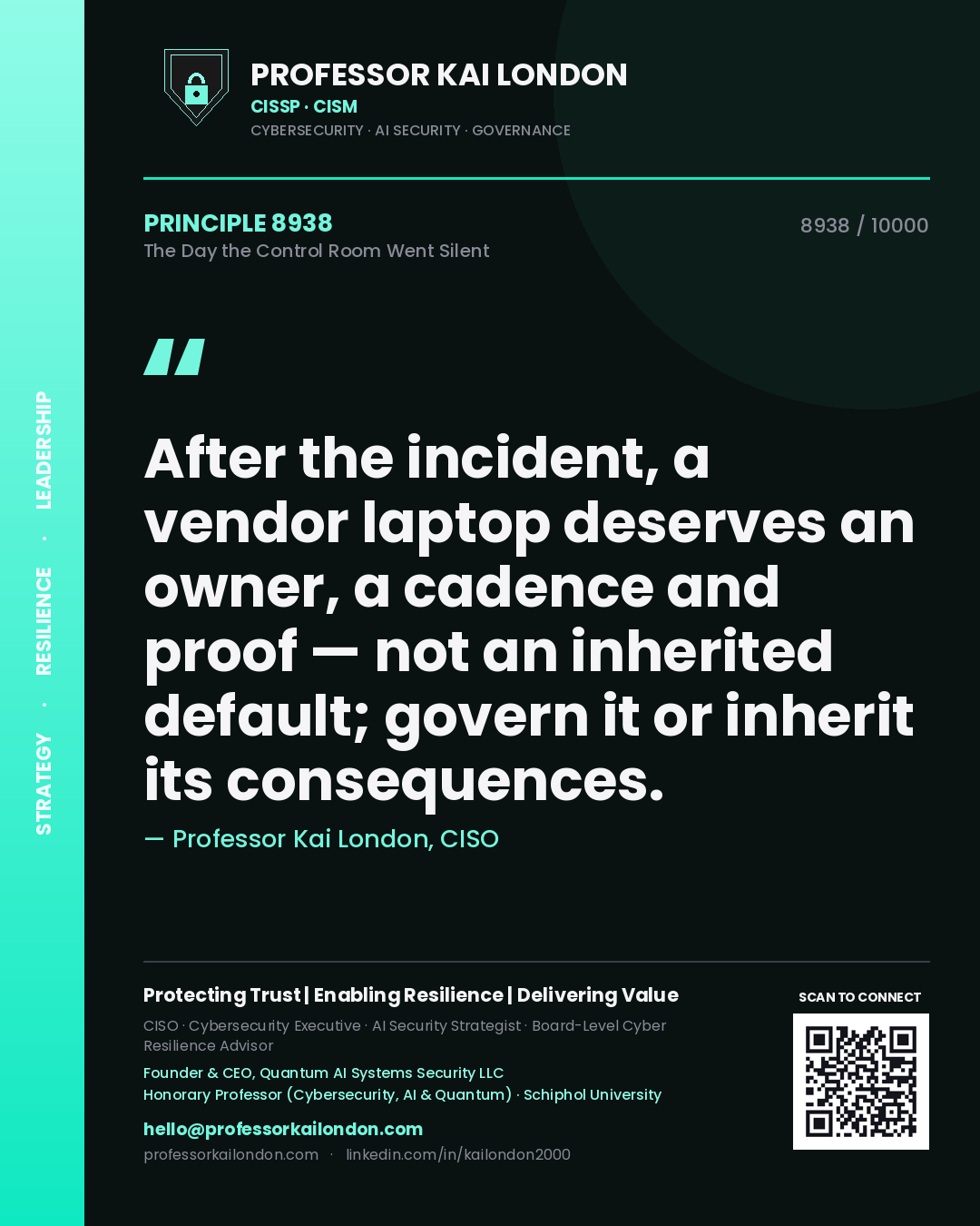 Quote card by Professor Kai London reading 'After the incident, a vendor laptop deserves an owner, a cadence and proof — not an inherited default; govern it or inherit its consequences.'. From the book The Day the Control Room Went Silent.