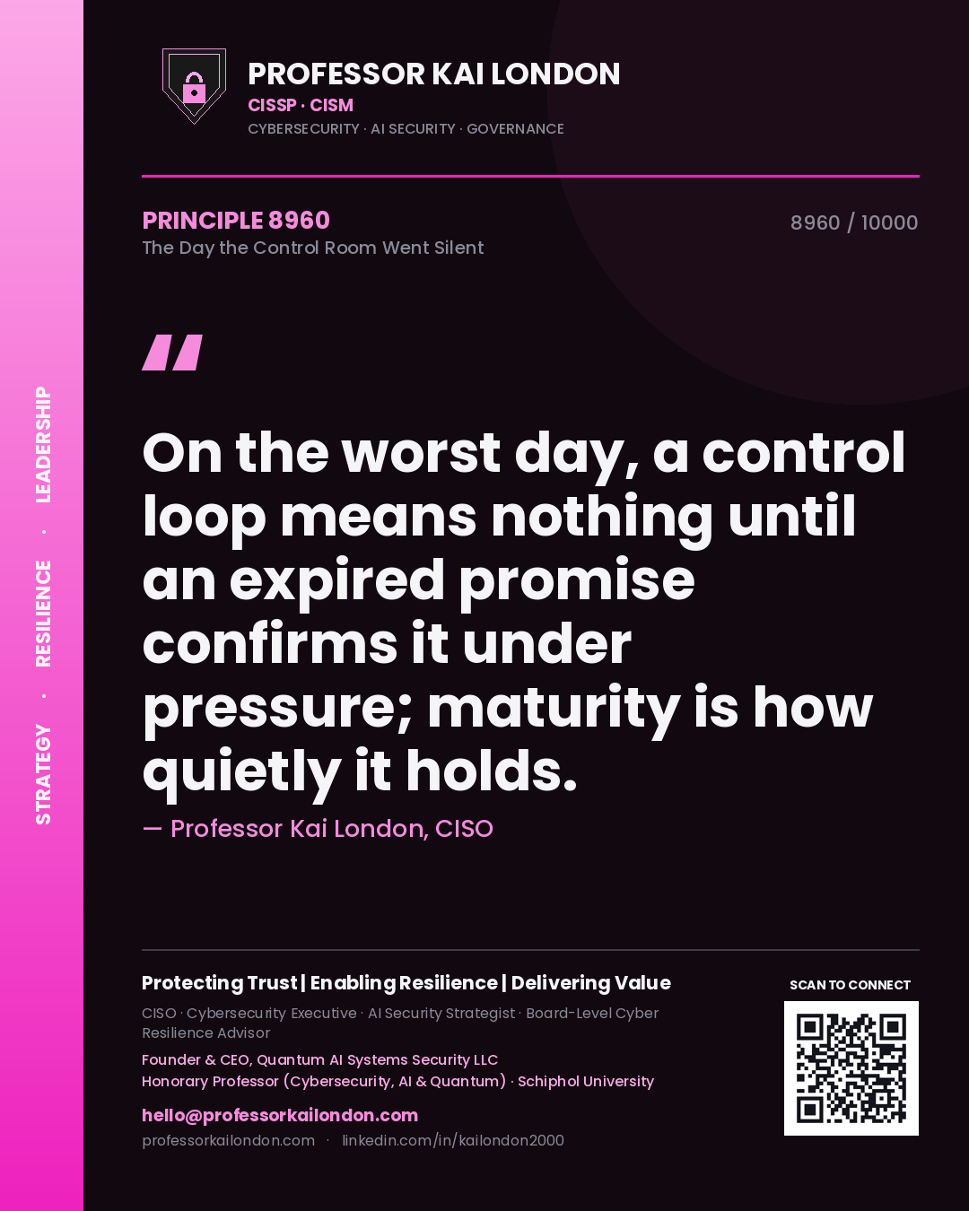Professor Kai London principle 8960: On the worst day, a control loop means nothing until an expired promise confirms it under pressure; maturity is how quietly it holds.