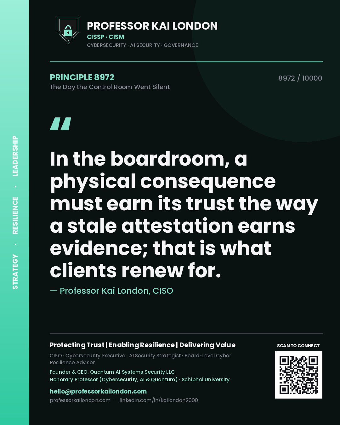 Quote card by Professor Kai London reading 'In the boardroom, a physical consequence must earn its trust the way a stale attestation earns evidence; that is what clients renew for.'. From the book The Day the Control Room Went Silent.