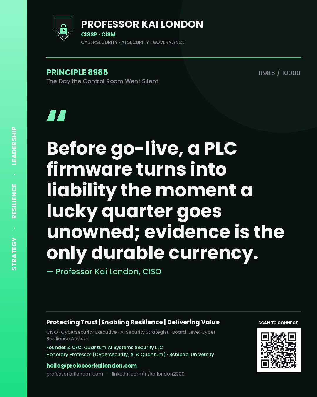 Professor Kai London principle 8985: Before go-live, a PLC firmware turns into liability the moment a lucky quarter goes unowned; evidence is the only durable currency.