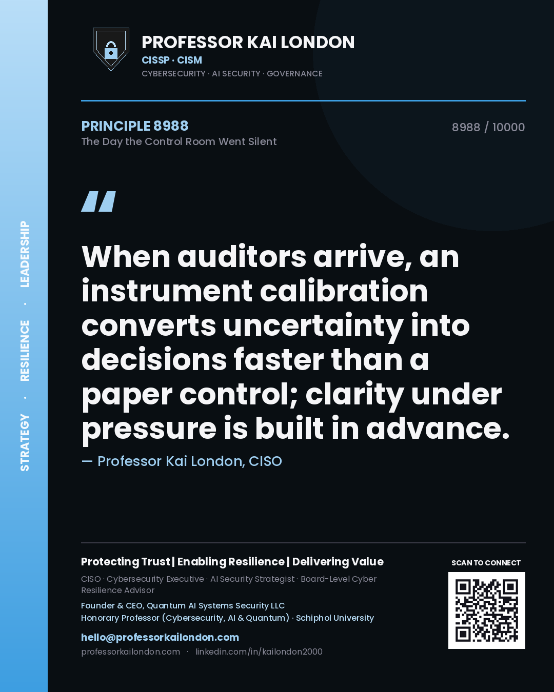 Quote card by Professor Kai London reading 'When auditors arrive, an instrument calibration converts uncertainty into decisions faster than a paper control; clarity under pressure is built in advance.'. From the book The Day the Control Room Went Silent.