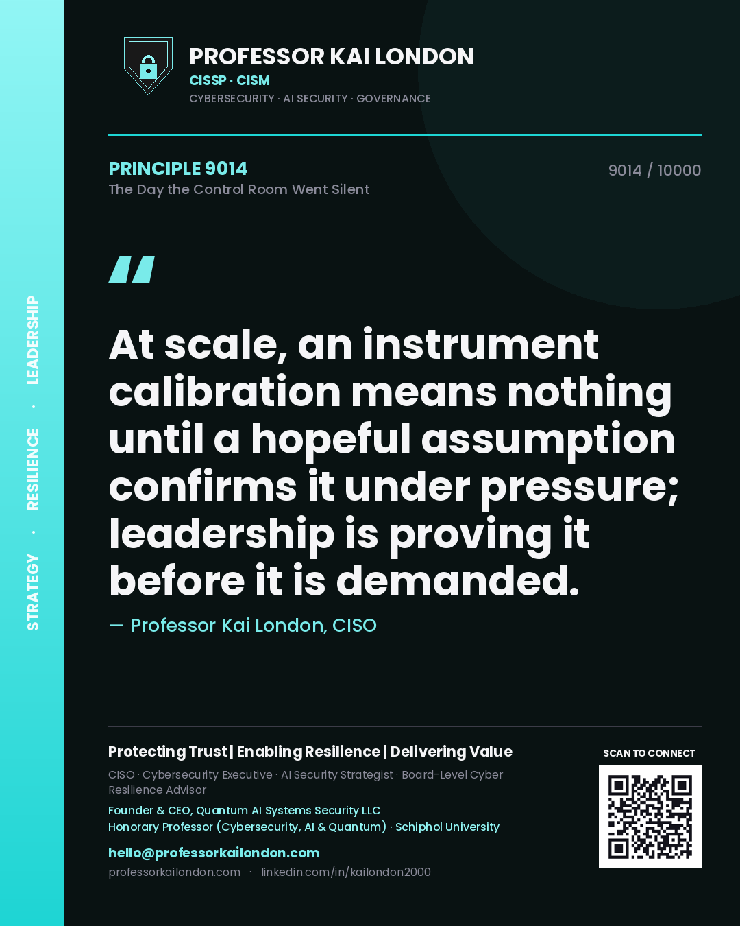 Quote card by Professor Kai London reading 'At scale, an instrument calibration means nothing until a hopeful assumption confirms it under pressure; leadership is proving it before it is demanded.'. From the book The Day the Control Room Went Silent.