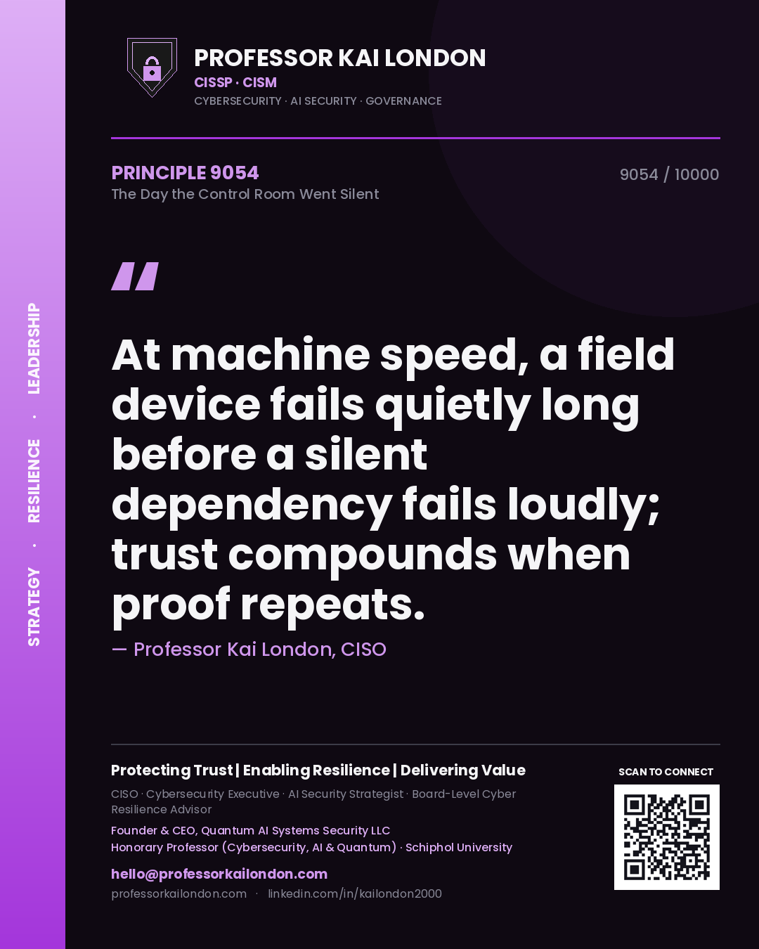 Quote card by Professor Kai London reading 'At machine speed, a field device fails quietly long before a silent dependency fails loudly; trust compounds when proof repeats.'. From the book The Day the Control Room Went Silent.