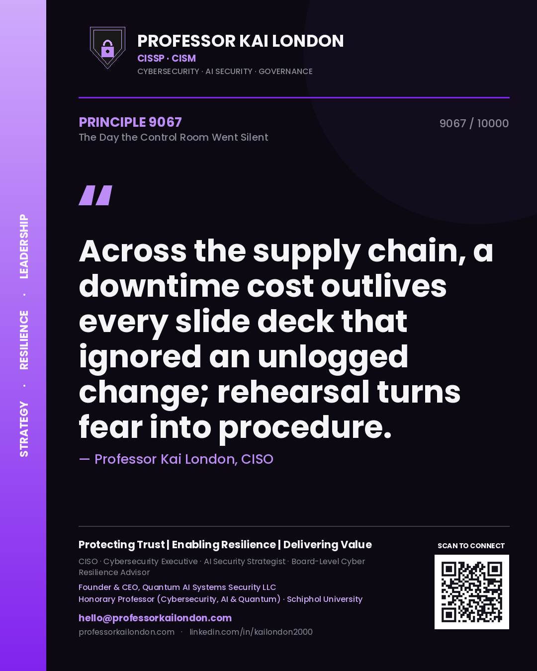 Quote card by Professor Kai London reading 'Across the supply chain, a downtime cost outlives every slide deck that ignored an unlogged change; rehearsal turns fear into procedure.'. From the book The Day the Control Room Went Silent.