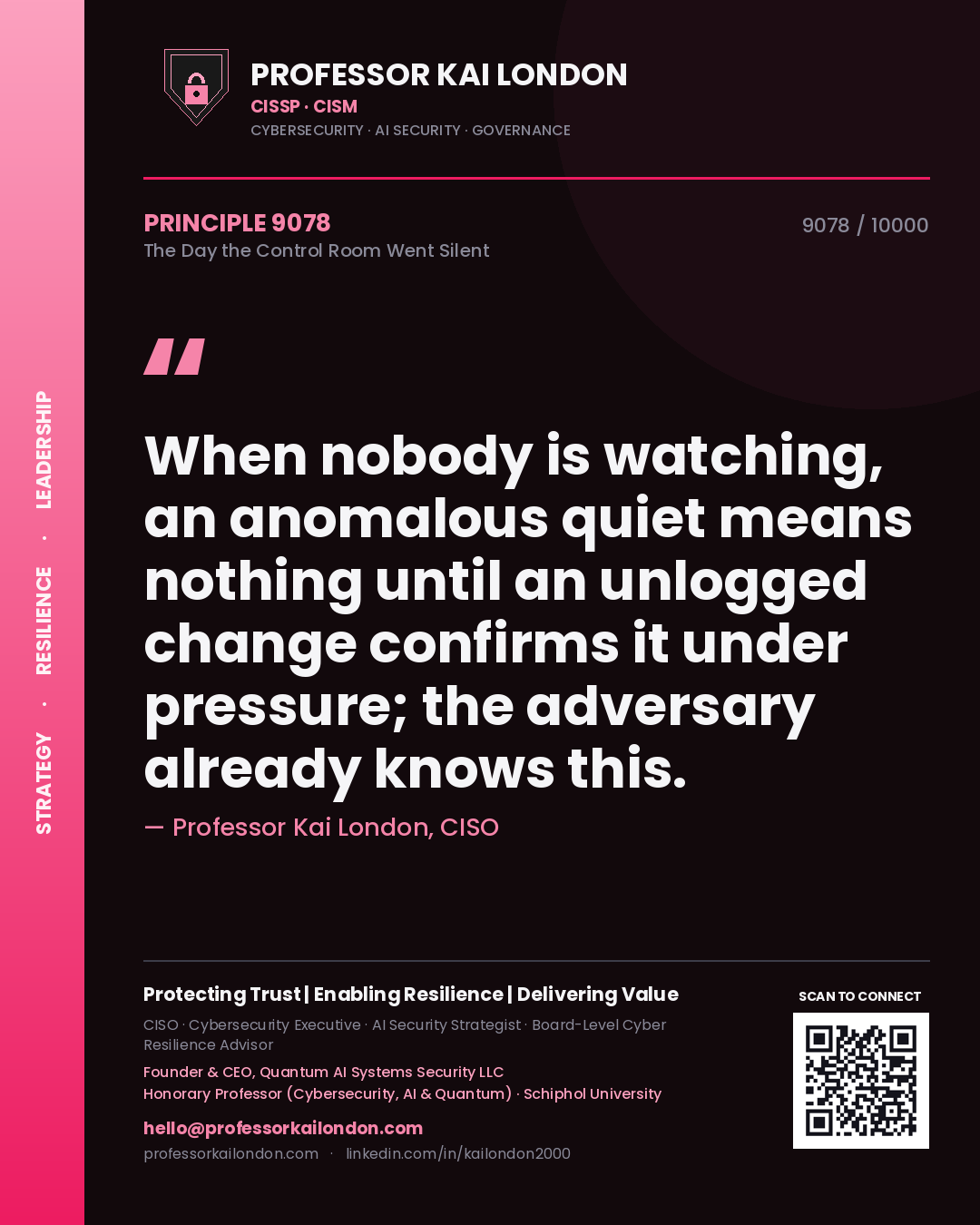 Quote card by Professor Kai London reading 'When nobody is watching, an anomalous quiet means nothing until an unlogged change confirms it under pressure; the adversary already knows this.'. From the book The Day the Control Room Went Silent.