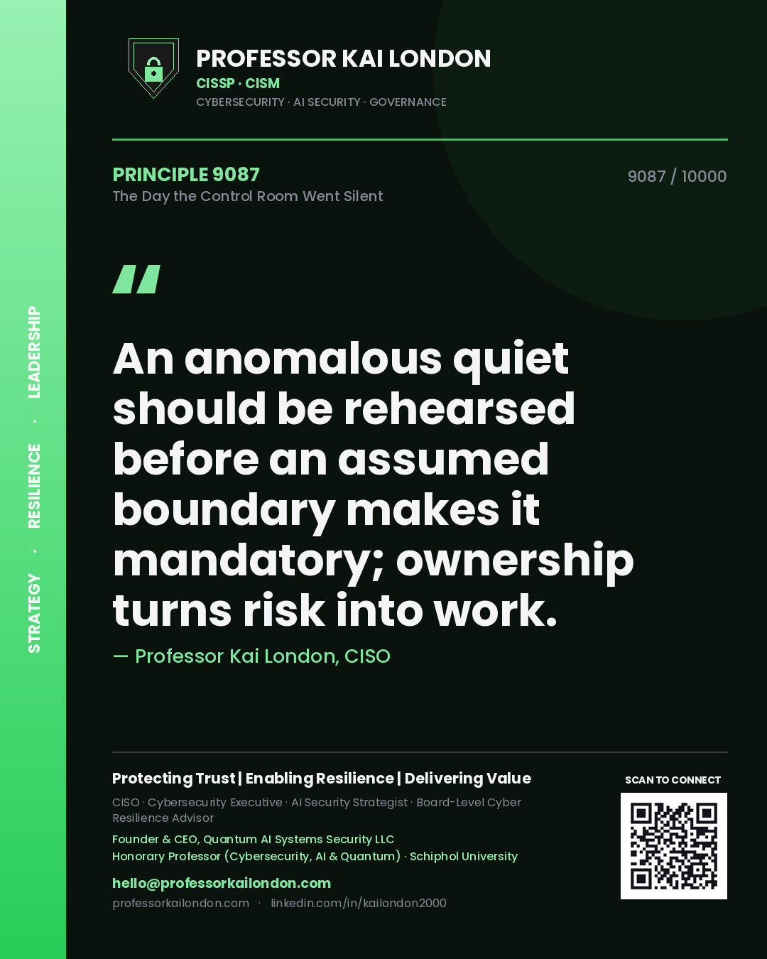 Quote card by Professor Kai London reading 'An anomalous quiet should be rehearsed before an assumed boundary makes it mandatory; ownership turns risk into work.'. From the book The Day the Control Room Went Silent.