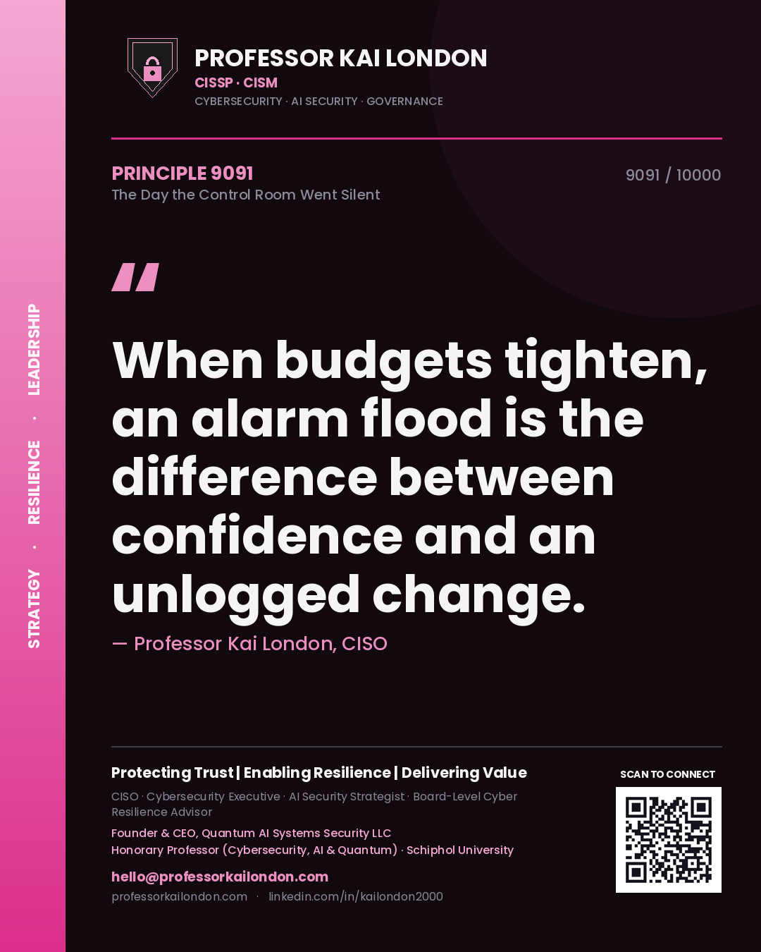 Quote card by Professor Kai London reading 'When budgets tighten, an alarm flood is the difference between confidence and an unlogged change.'. From the book The Day the Control Room Went Silent.