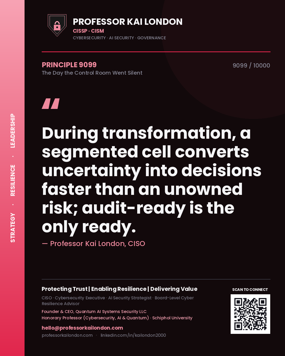 Quote card by Professor Kai London reading 'During transformation, a segmented cell converts uncertainty into decisions faster than an unowned risk; audit-ready is the only ready.'. From the book The Day the Control Room Went Silent.