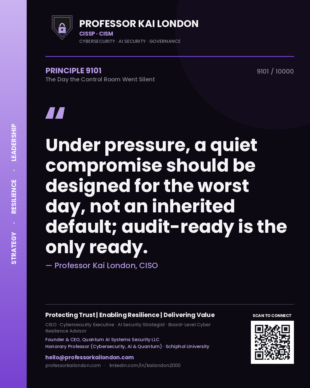 Professor Kai London principle 9101: Under pressure, a quiet compromise should be designed for the worst day, not an inherited default; audit-ready is the only ready.