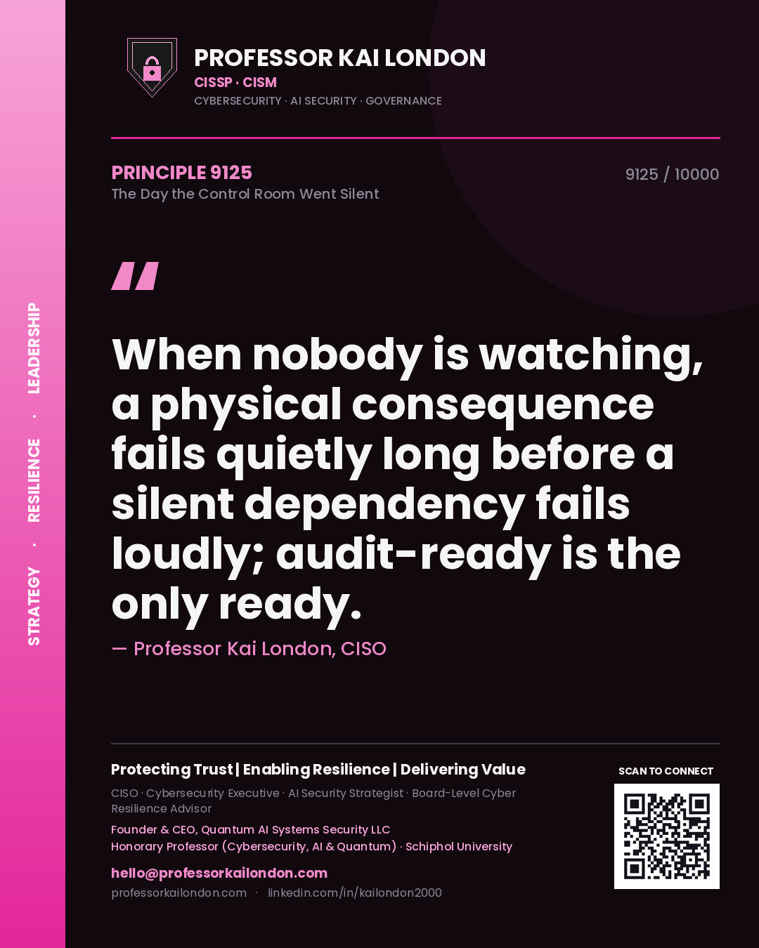 Professor Kai London principle 9125: When nobody is watching, a physical consequence fails quietly long before a silent dependency fails loudly; audit-ready is the only ready.