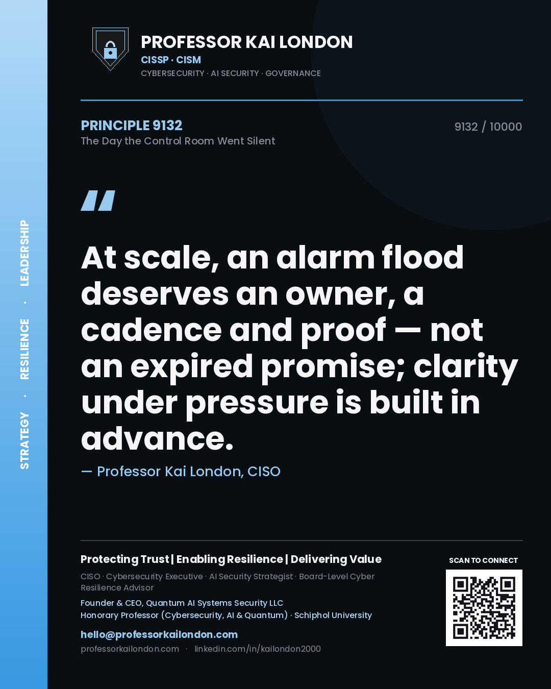 Professor Kai London principle 9132: At scale, an alarm flood deserves an owner, a cadence and proof — not an expired promise; clarity under pressure is built in advance.