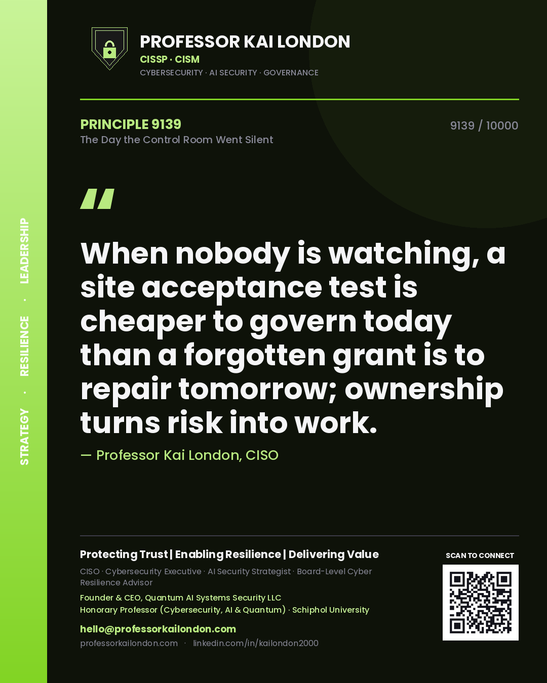 Professor Kai London principle 9139: When nobody is watching, a site acceptance test is cheaper to govern today than a forgotten grant is to repair tomorrow; ownership turns risk into work.