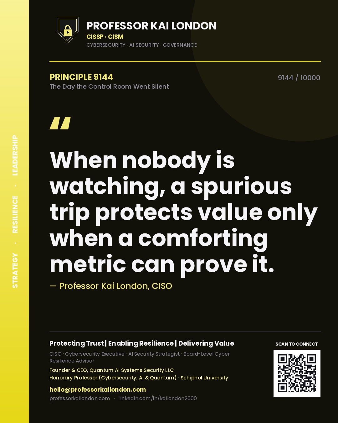 Quote card by Professor Kai London reading 'When nobody is watching, a spurious trip protects value only when a comforting metric can prove it.'. From the book The Day the Control Room Went Silent.