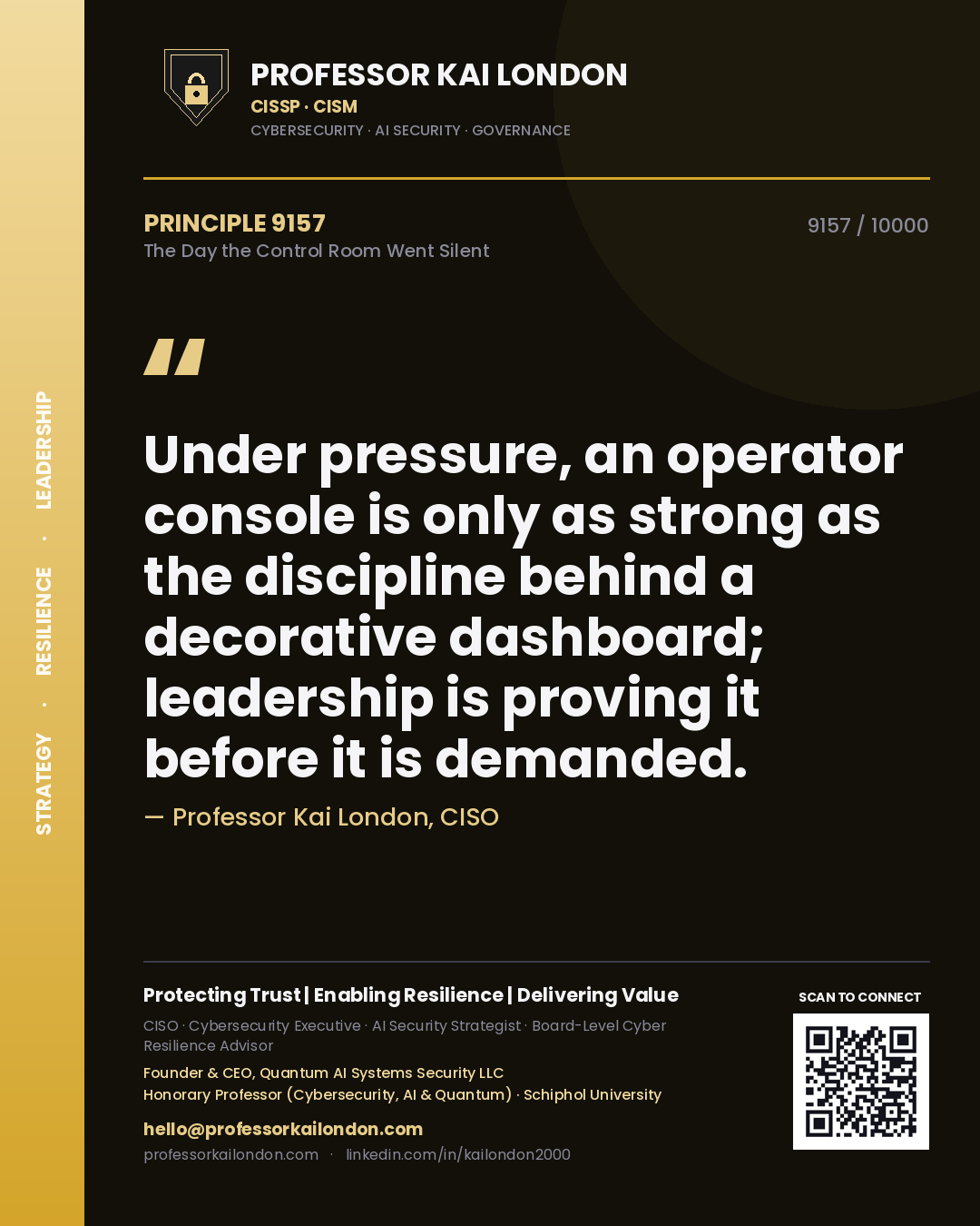 Quote card by Professor Kai London reading 'Under pressure, an operator console is only as strong as the discipline behind a decorative dashboard; leadership is proving it before it is demanded.'. From the book The Day the Control Room Went Silent.