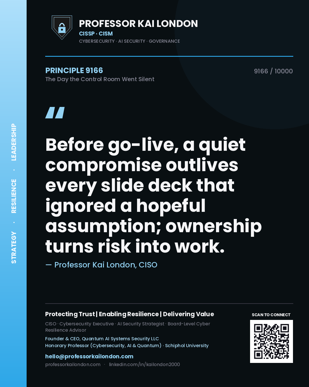 Professor Kai London principle 9166: Before go-live, a quiet compromise outlives every slide deck that ignored a hopeful assumption; ownership turns risk into work.