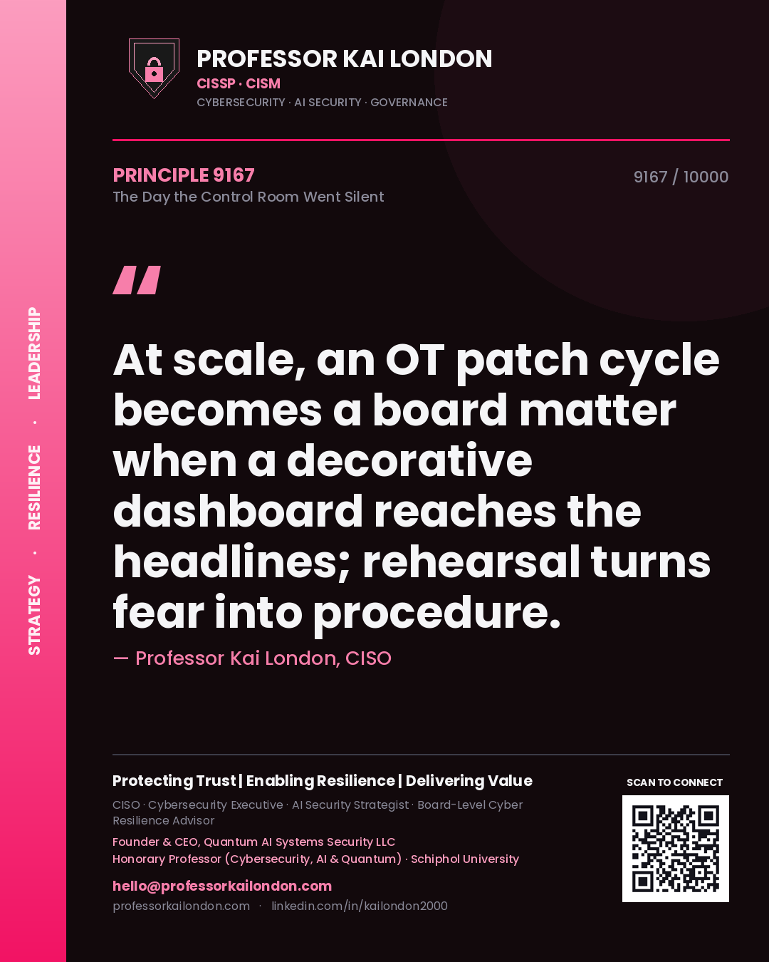 Professor Kai London principle 9167: At scale, an OT patch cycle becomes a board matter when a decorative dashboard reaches the headlines; rehearsal turns fear into procedure.