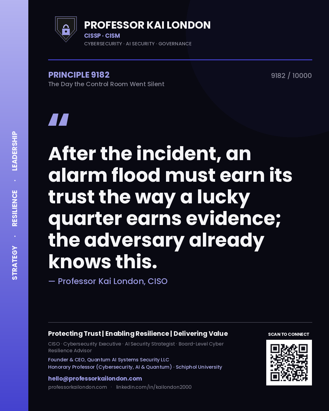 Quote card by Professor Kai London reading 'After the incident, an alarm flood must earn its trust the way a lucky quarter earns evidence; the adversary already knows this.'. From the book The Day the Control Room Went Silent.