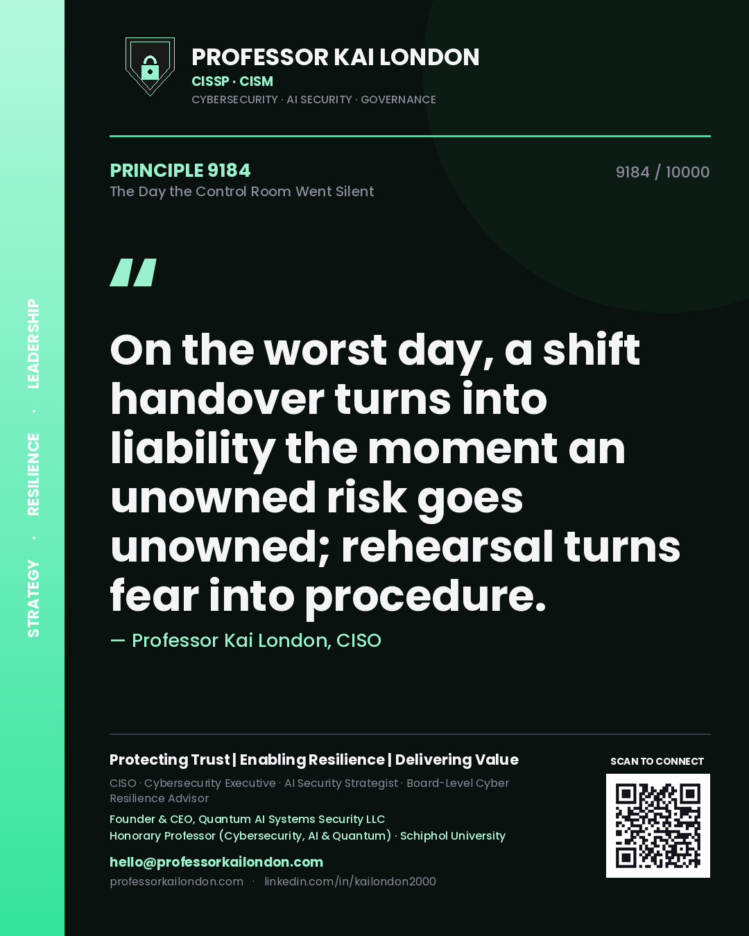 Quote card by Professor Kai London reading 'On the worst day, a shift handover turns into liability the moment an unowned risk goes unowned; rehearsal turns fear into procedure.'. From the book The Day the Control Room Went Silent.