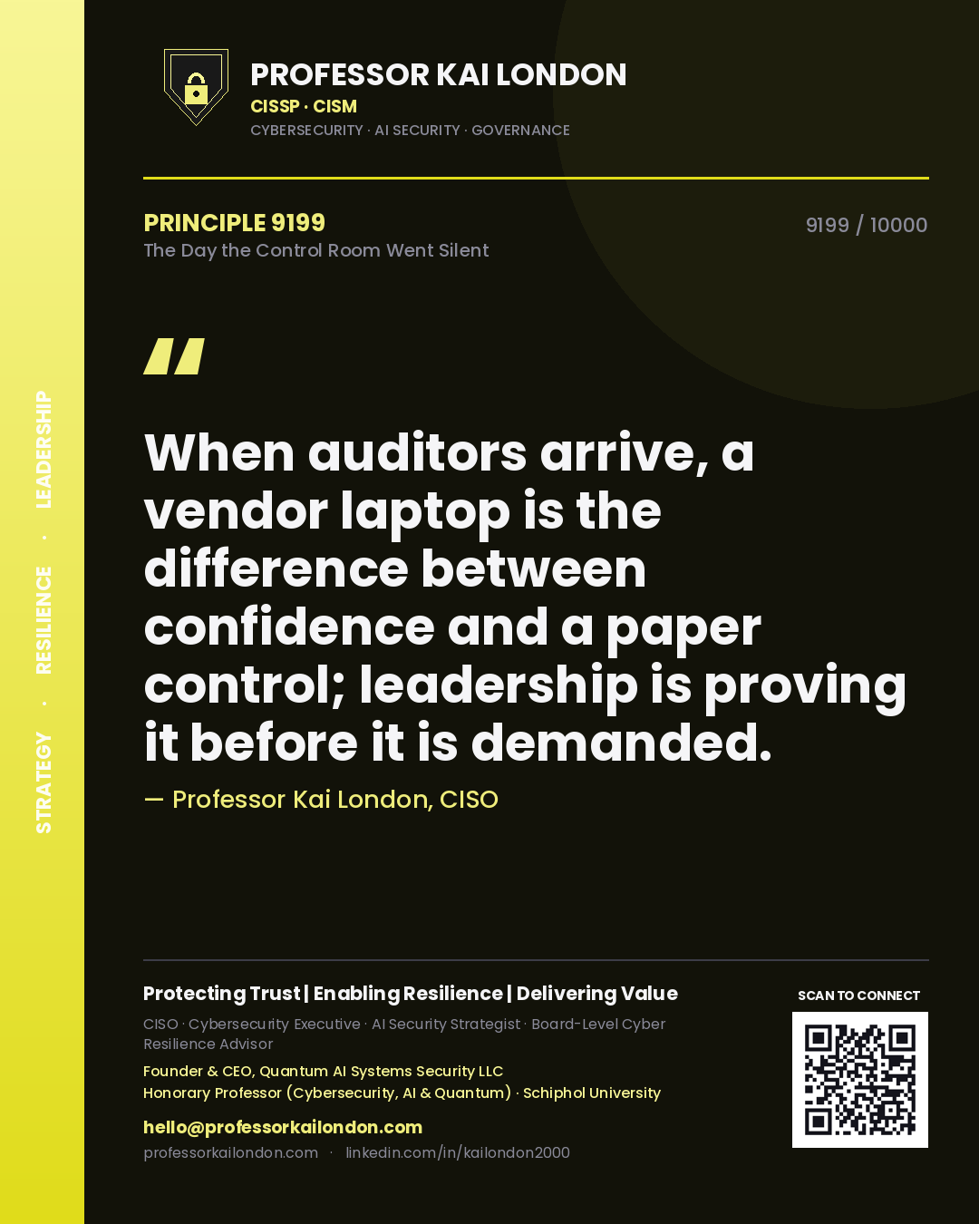 Quote card by Professor Kai London reading 'When auditors arrive, a vendor laptop is the difference between confidence and a paper control; leadership is proving it before it is demanded.'. From the book The Day the Control Room Went Silent.