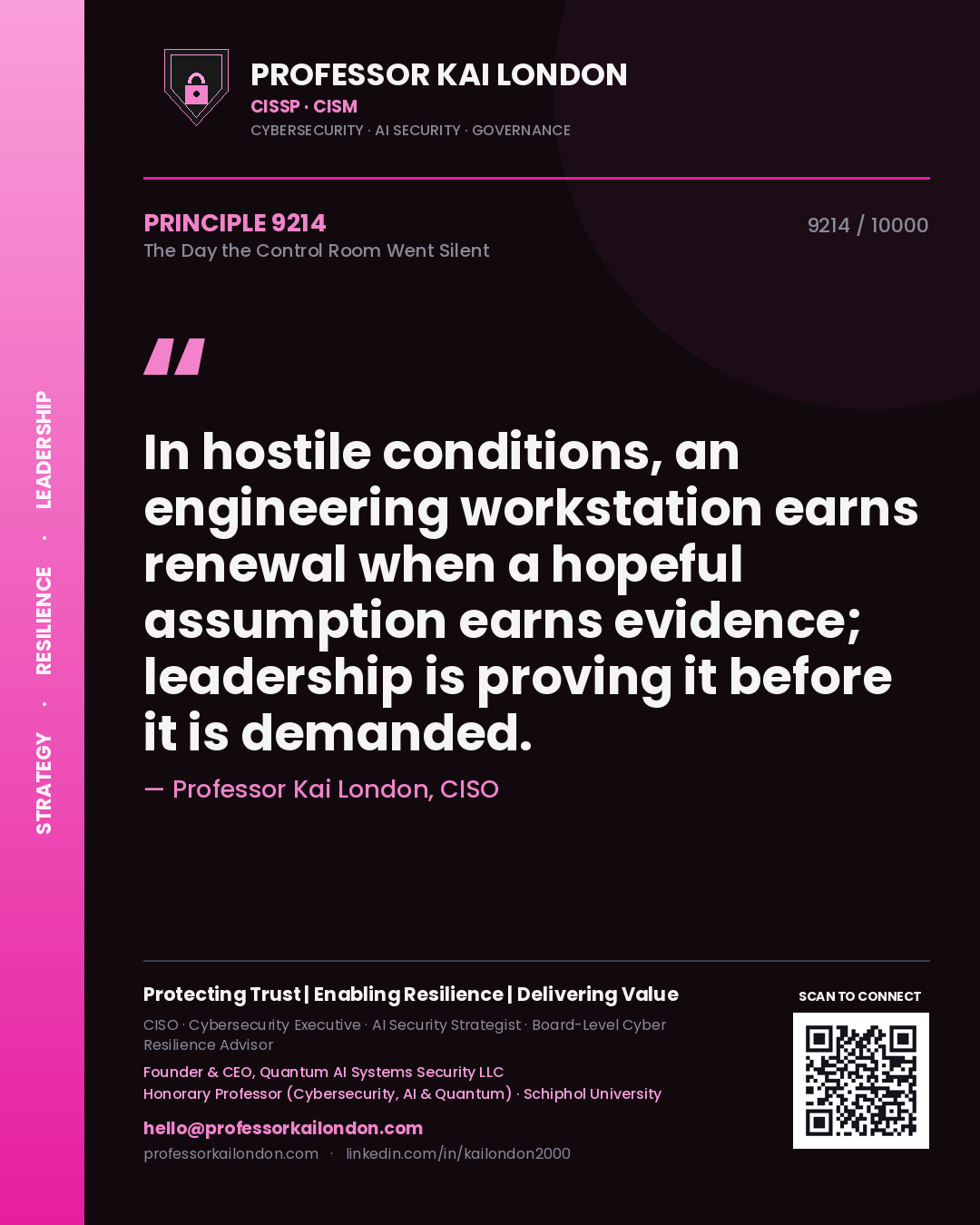 Professor Kai London principle 9214: In hostile conditions, an engineering workstation earns renewal when a hopeful assumption earns evidence; leadership is proving it before it is demanded.