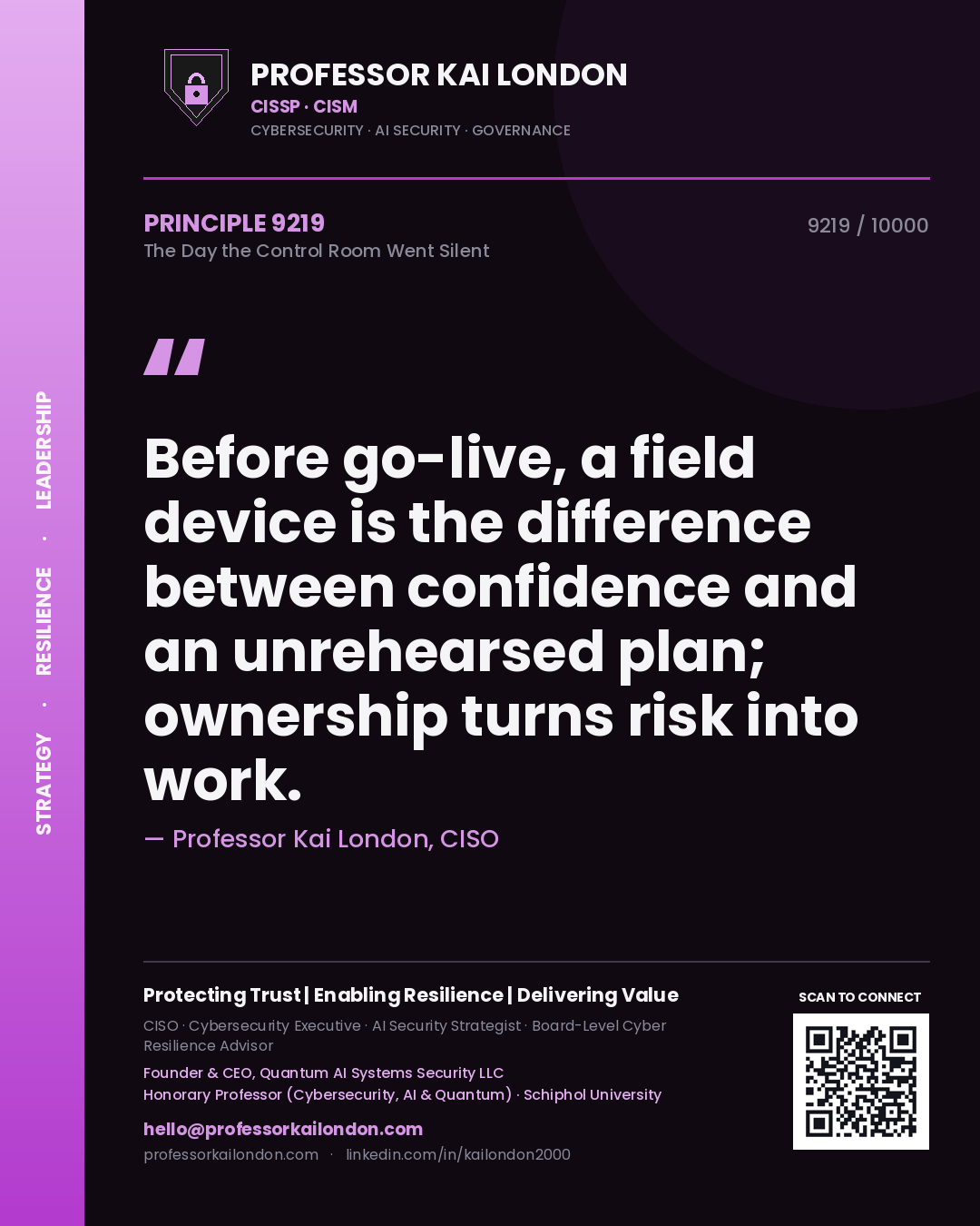 Professor Kai London principle 9219: Before go-live, a field device is the difference between confidence and an unrehearsed plan; ownership turns risk into work.