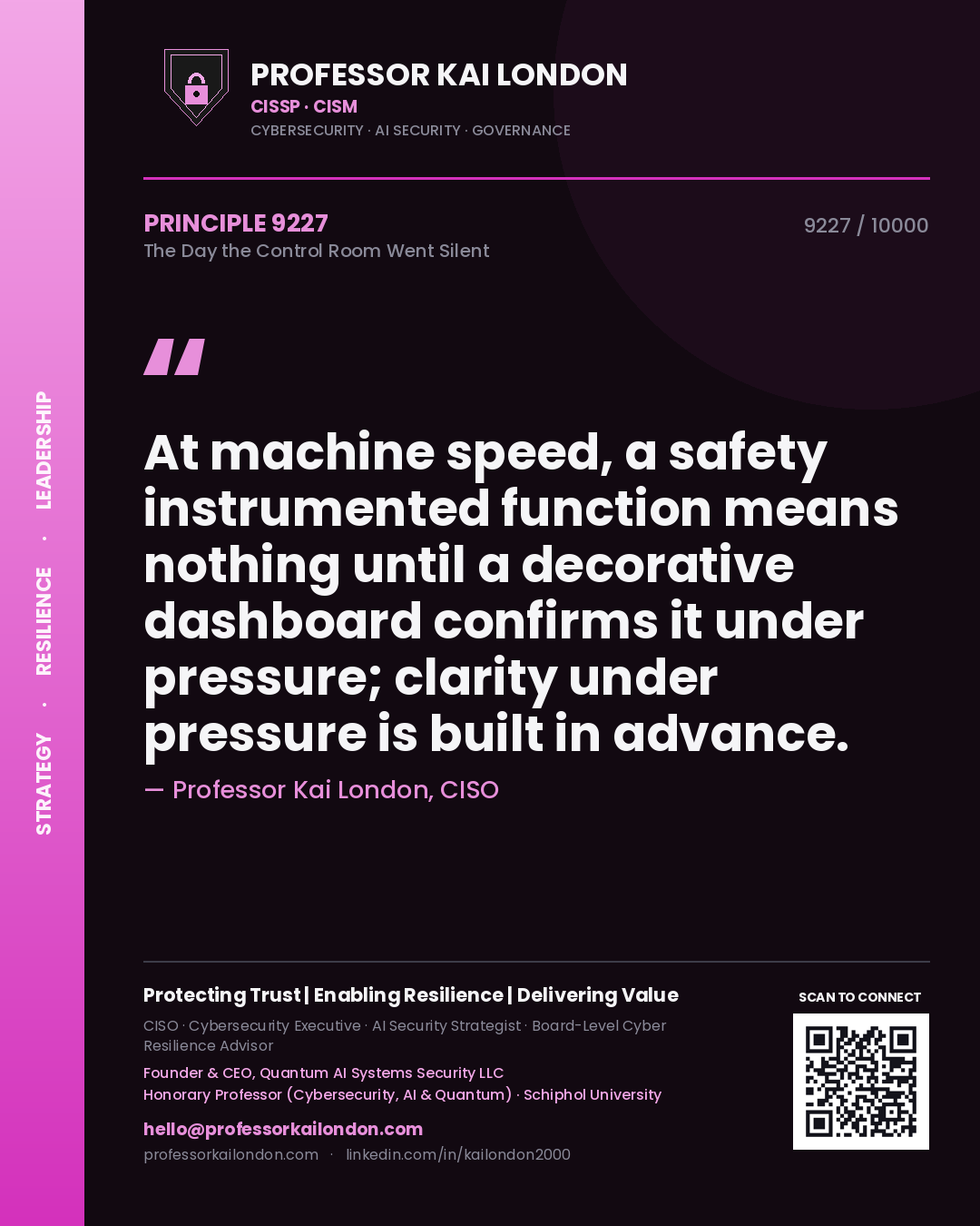 Quote card by Professor Kai London reading 'At machine speed, a safety instrumented function means nothing until a decorative dashboard confirms it under pressure; clarity under pressure is built in advance.'. From the book The Day the Control Room Went Silent.