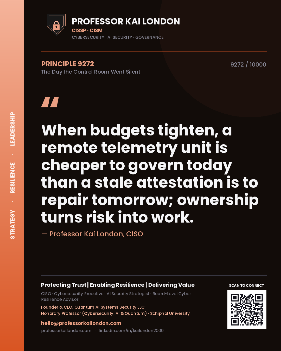 Professor Kai London principle 9272: When budgets tighten, a remote telemetry unit is cheaper to govern today than a stale attestation is to repair tomorrow; ownership turns risk into work.