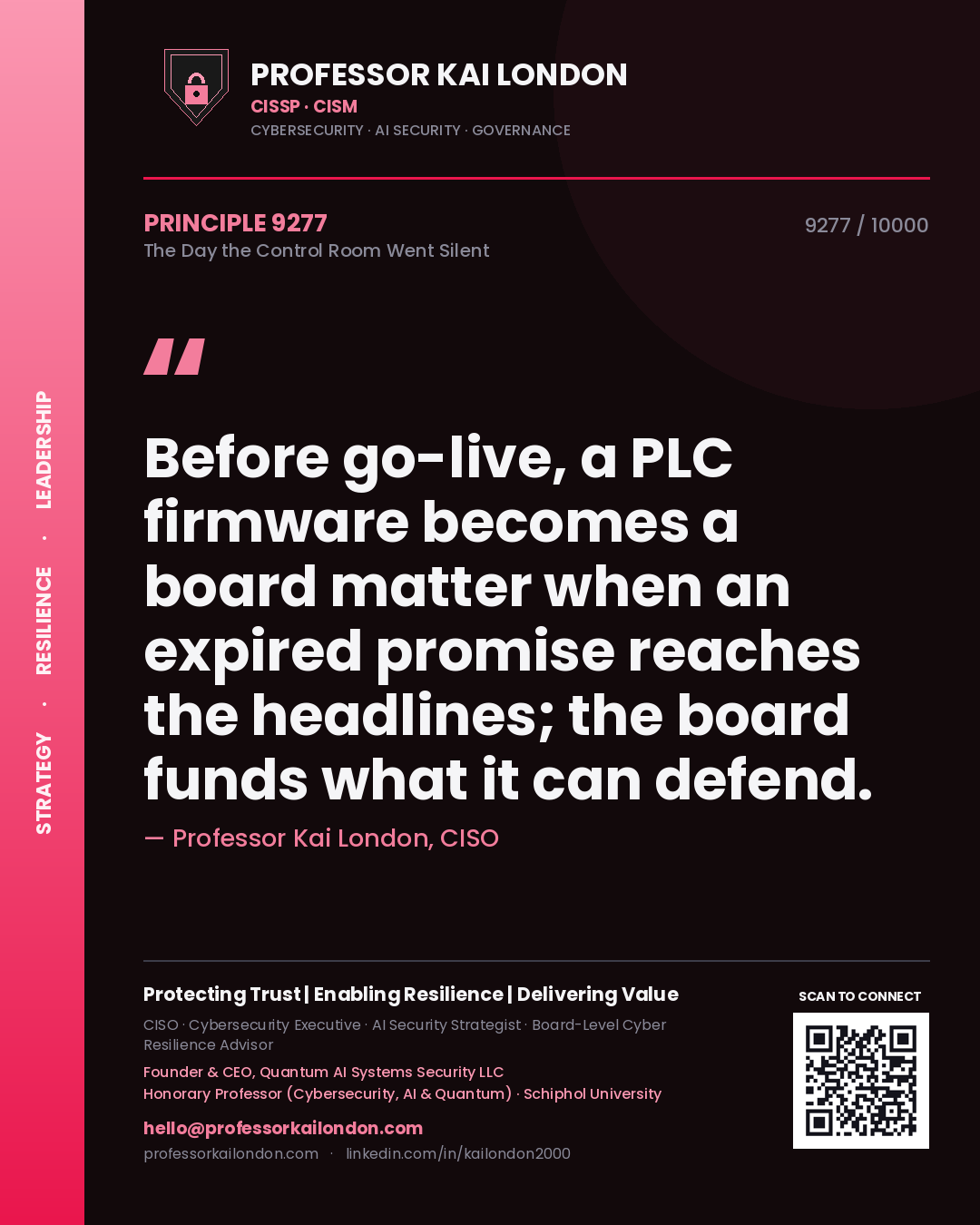 Quote card by Professor Kai London reading 'Before go-live, a PLC firmware becomes a board matter when an expired promise reaches the headlines; the board funds what it can defend.'. From the book The Day the Control Room Went Silent.