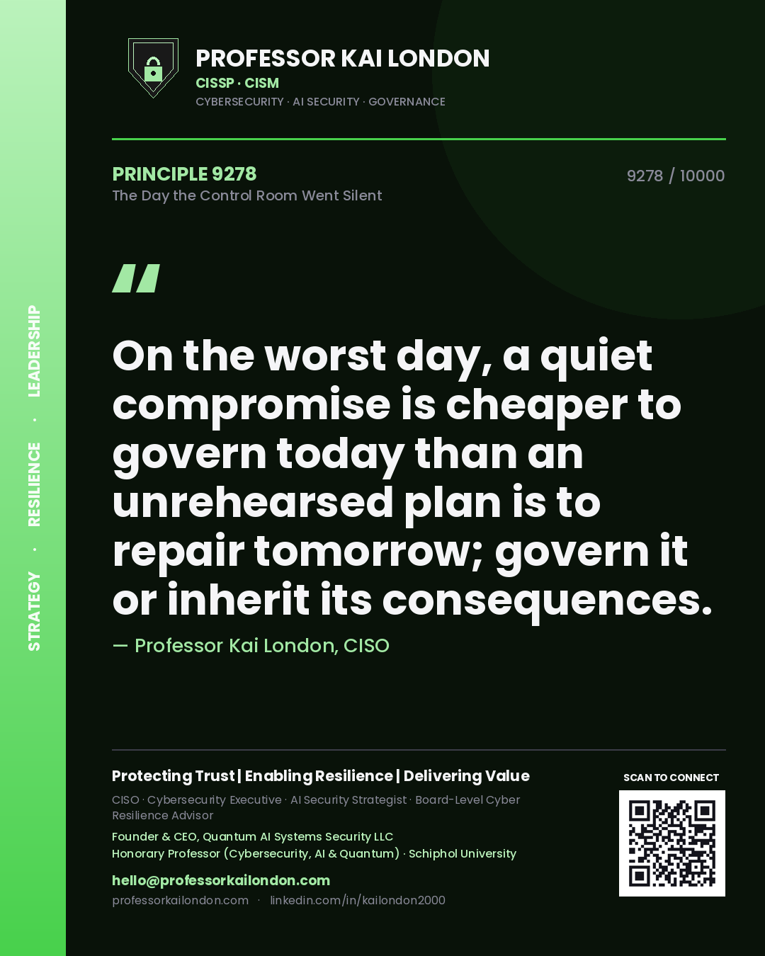 Professor Kai London principle 9278: On the worst day, a quiet compromise is cheaper to govern today than an unrehearsed plan is to repair tomorrow; govern it or inherit its consequences.