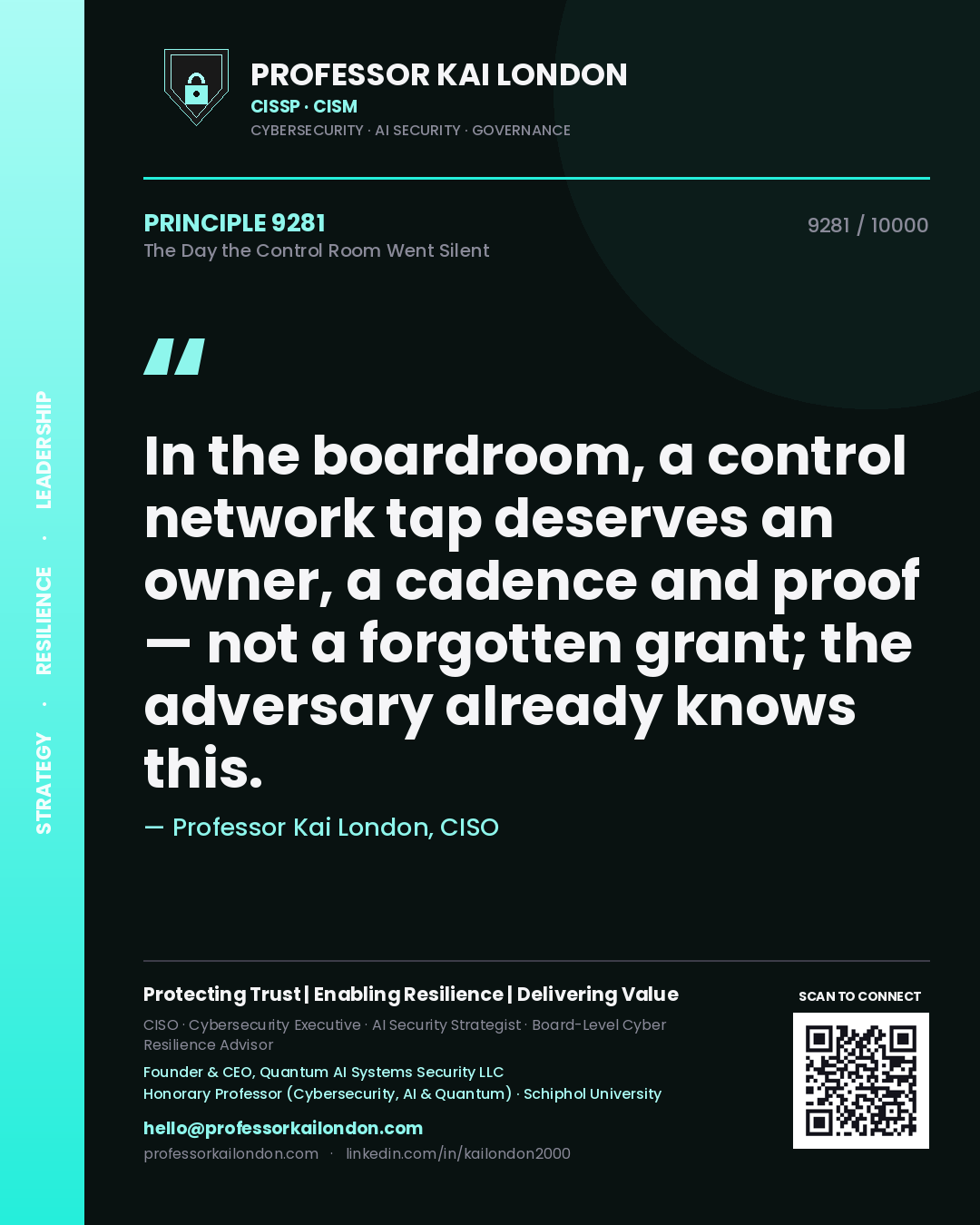 Professor Kai London principle 9281: In the boardroom, a control network tap deserves an owner, a cadence and proof — not a forgotten grant; the adversary already knows this.