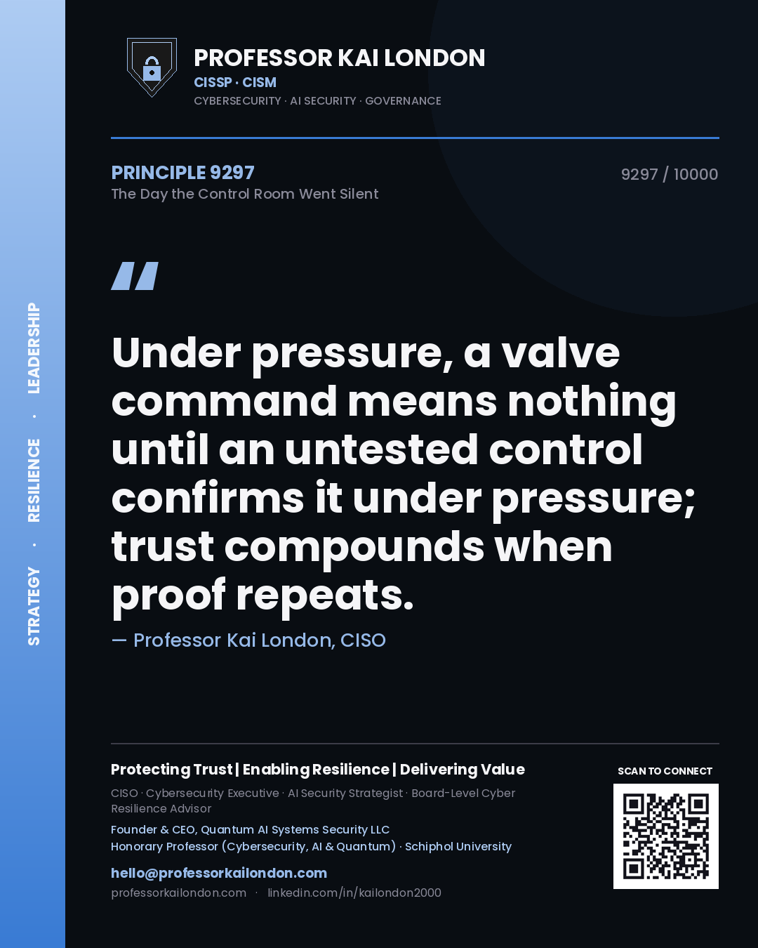 Professor Kai London principle 9297: Under pressure, a valve command means nothing until an untested control confirms it under pressure; trust compounds when proof repeats.