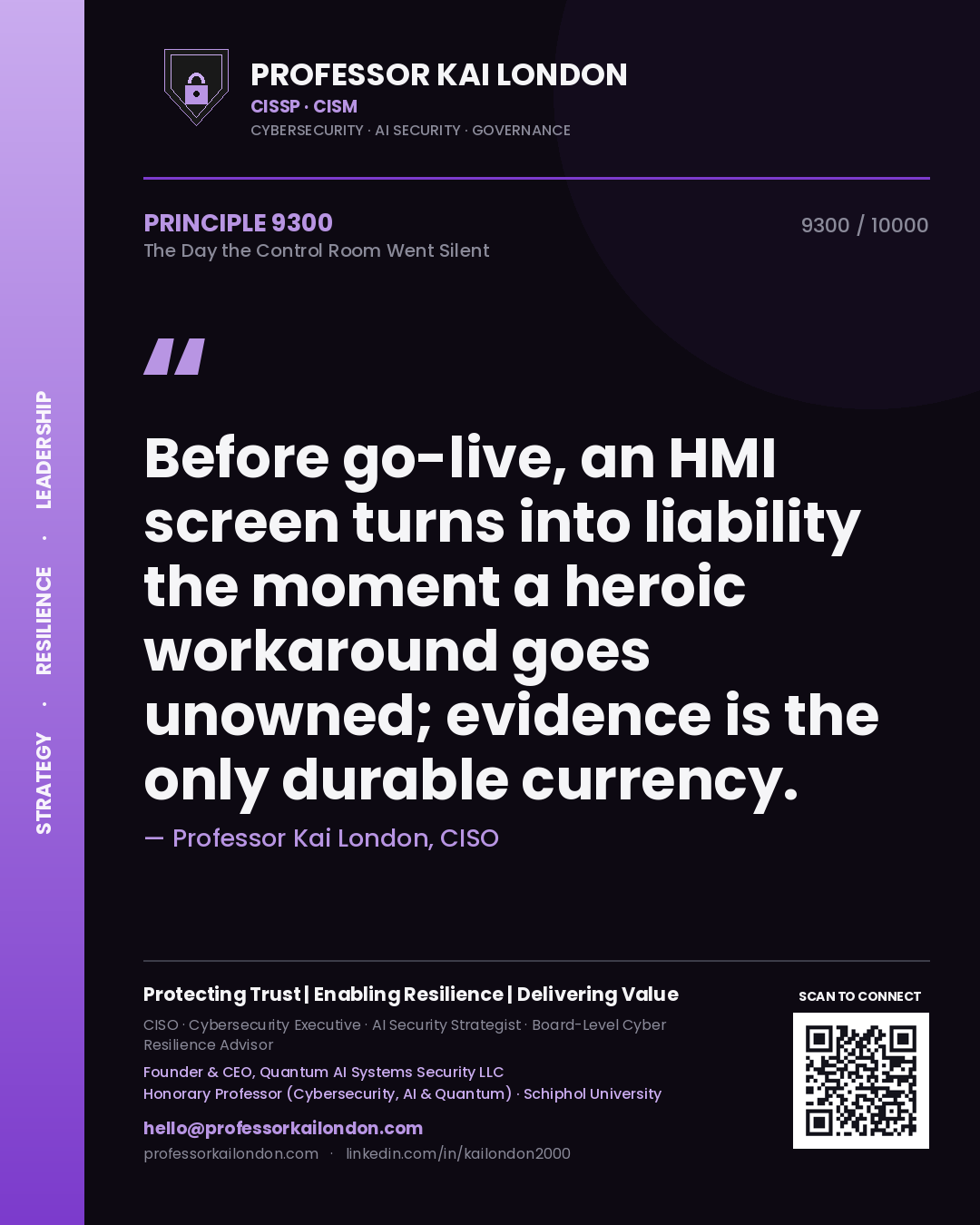 Quote card by Professor Kai London reading 'Before go-live, an HMI screen turns into liability the moment a heroic workaround goes unowned; evidence is the only durable currency.'. From the book The Day the Control Room Went Silent.