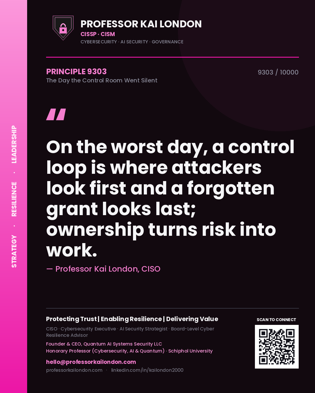 Professor Kai London principle 9303: On the worst day, a control loop is where attackers look first and a forgotten grant looks last; ownership turns risk into work.